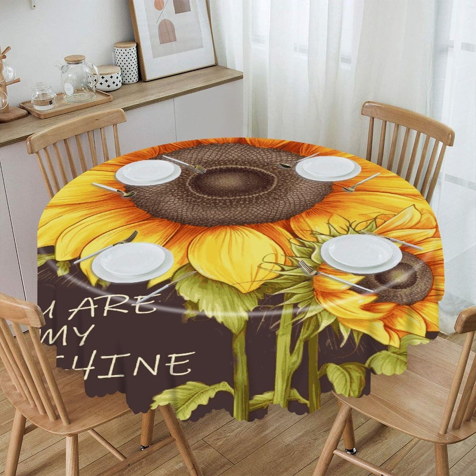 FekiLoot 60 Inch Round You are My Sunshine Sunflower Tablecloth Waterproof Heavy Duty Polyester Table Cloth Spill-Proof Wipeable Table Cover Decorative Circle Dining Tablecover for Party Outdoor