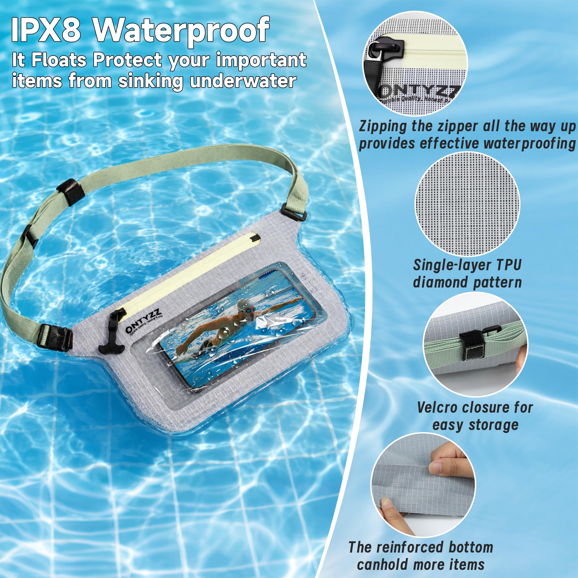 IPX8 Sac Banane Imperméable 2 Pièces Pochette Etanche avec Sangle Hanche Réglable Grande Capacité Ecrans Tactiles Pochette Téléphone Portable pour Sports Nautiques Natation Plage Sorties en Bateau