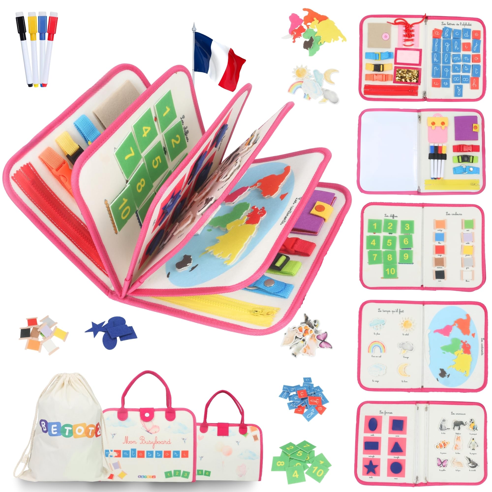 BusyBoard Montessori Français – Livre d’Activités Éducatif & Sensoriel – 2-6 Ans – 10 Pages Interactives – Montessori Authentique – Animaux, Formes, Lettres & Motricité (Rose)