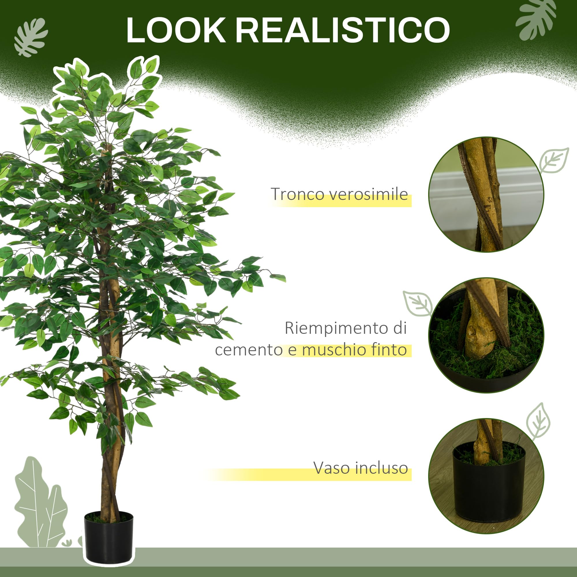 HOMCOM Pianta Finta di Ficus 150 cm con 882 Foglie, Pianta Artificiale da Esterno e Interno, Vaso Incluso, Verde