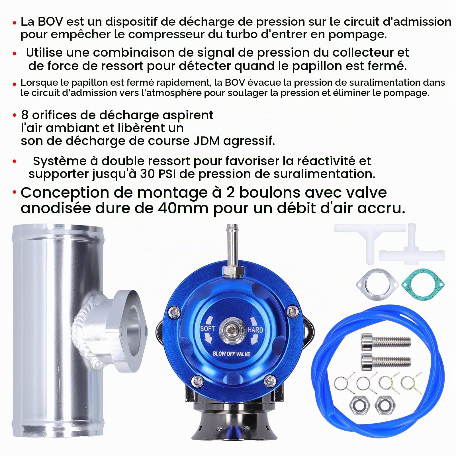 Soupape de soufflage, soupape de soufflage Turbo Universelle en billettes d'aluminium BOV, soupape de décharge Professionnelle BOV avec Tuyau à Bride de 2,5 Pouces et 8 Ports de décharge(Bleu)