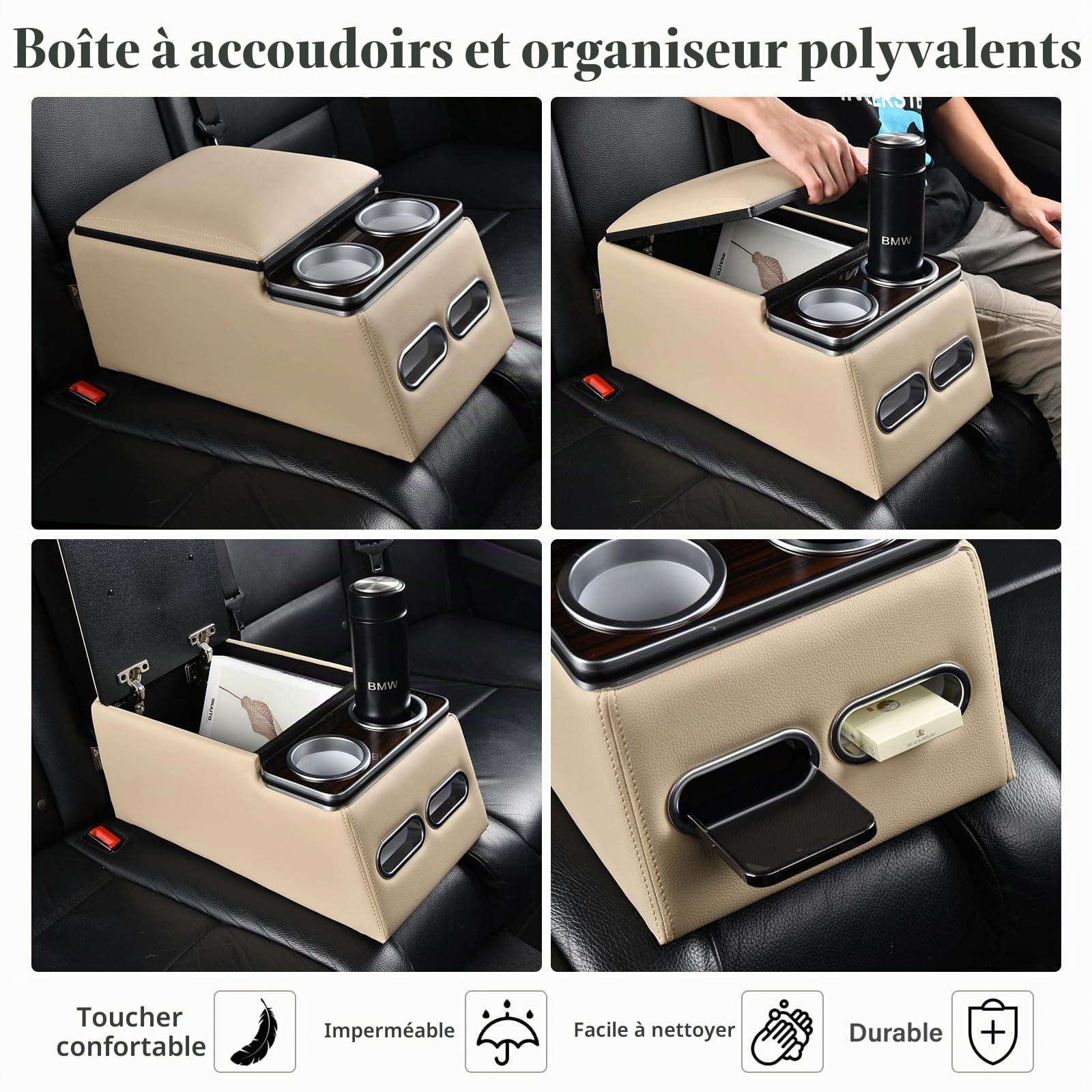 Coverado Console Centrale de Voiture, Console de siège arrière Universelle, Organiseur de siège arrière avec Porte - gobelets, Grand Compartiment de Rangement, Accoudoir Central (Régulier,Beige)
