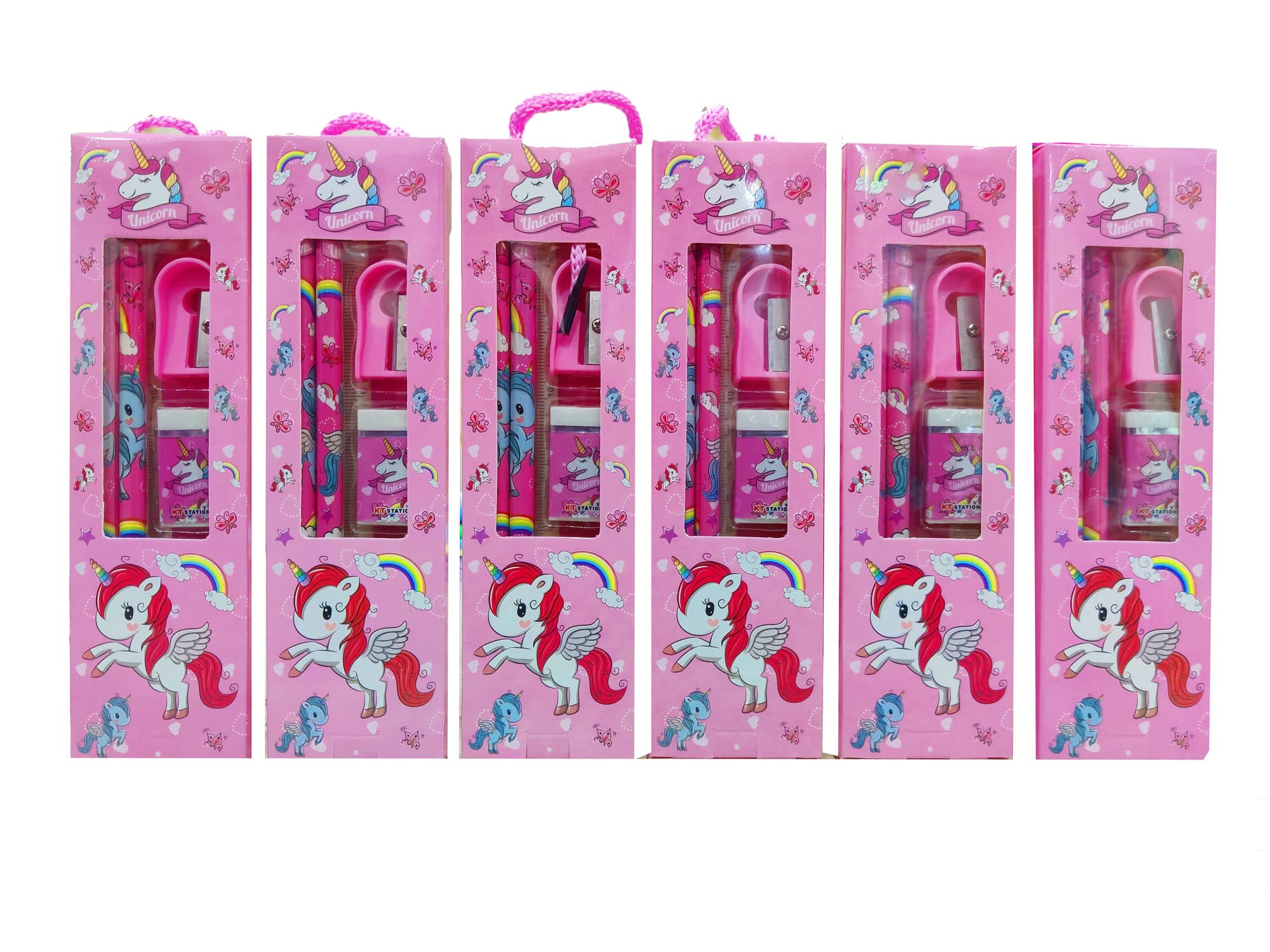 KOBBET® Birthday Party Return Gifts-Pack Stationery kit for Kids Small Unicorn Set Included 2 Pencils, 1 Scale, 1 Eraser and 1 Sharpener Return Gift Set Rakhi Gift for Sister Festivals Gift (6PCS)