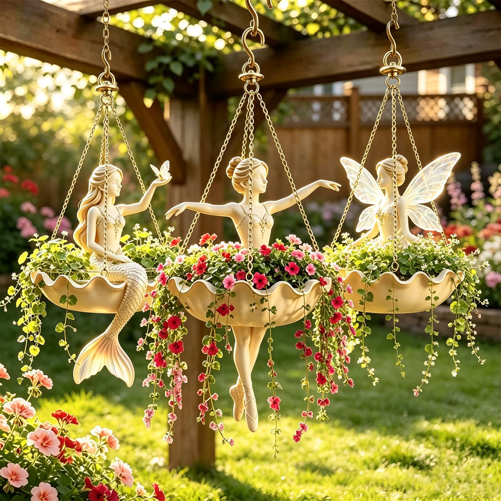 Blumentopf aus Harz, 25 cm Pflanzenkorb mit Metallketten (3-teiliges Set) | Dekorativer Hängekorb für Sukkulenten, Spinnenpflanzen, Innen- und Außenbereich, Garten Deko