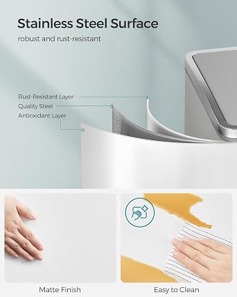SONGMICS Dual Rubbish Bin, Metal Recycling Bin with 15 Rubbish Bags, 2-Compartment, with Lids, Pedals, Plastic Inner Buckets, Soft Closure, 2 x 8 Gallons (2 x 30 L), White and Grey LTB60WT