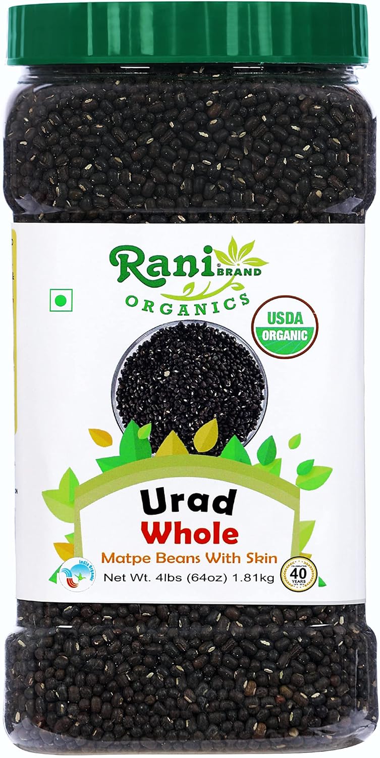 Rani Organic Urid/Urad Whole Black (Matpe Beans With Skin) Indian Lentils 64oz (4lbs) 1.81kg Bulk PET Jar ~ All Natural | Vegan | Gluten Friendly | NON-GMO | Indian Origin | USDA Certified Organic