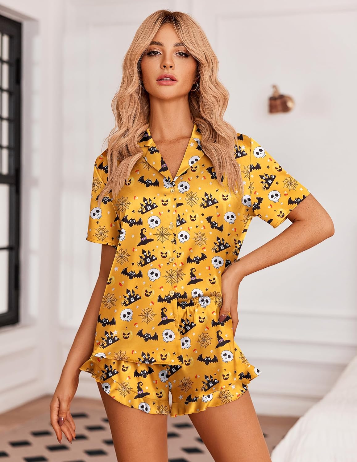 Ekouaer Womens Satin Pajamas Set Button Down 2 Piece Silk Pjs Shorts Set Ruffle Lingerie Notch Collar Sleepwear - Image 2