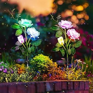 Luces solares de flores para jardín al aire libre, adorno de patio, estaca LED de rosa blanca que cambia de color, funciona con energía solar, luces de rosa impermeables para valla, balcón, patio,
