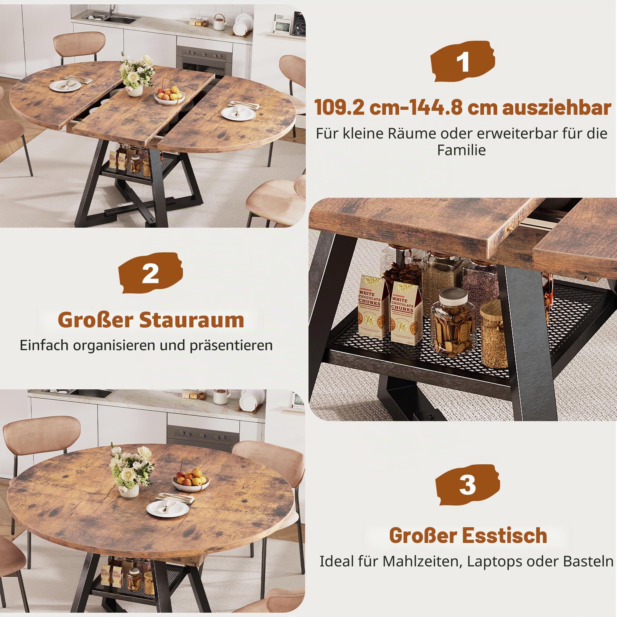 Jocoevol Ausziehbarer Esstisch 110-145 cm für 4, 6 oder 8 Personen,Runder Esszimmertisch mit abnehmbarem Einlegeblatt und Ablagefach,Erweiterbarer ovaler Küchentisch mit Mittelsäulenfuß (Jahrgang)