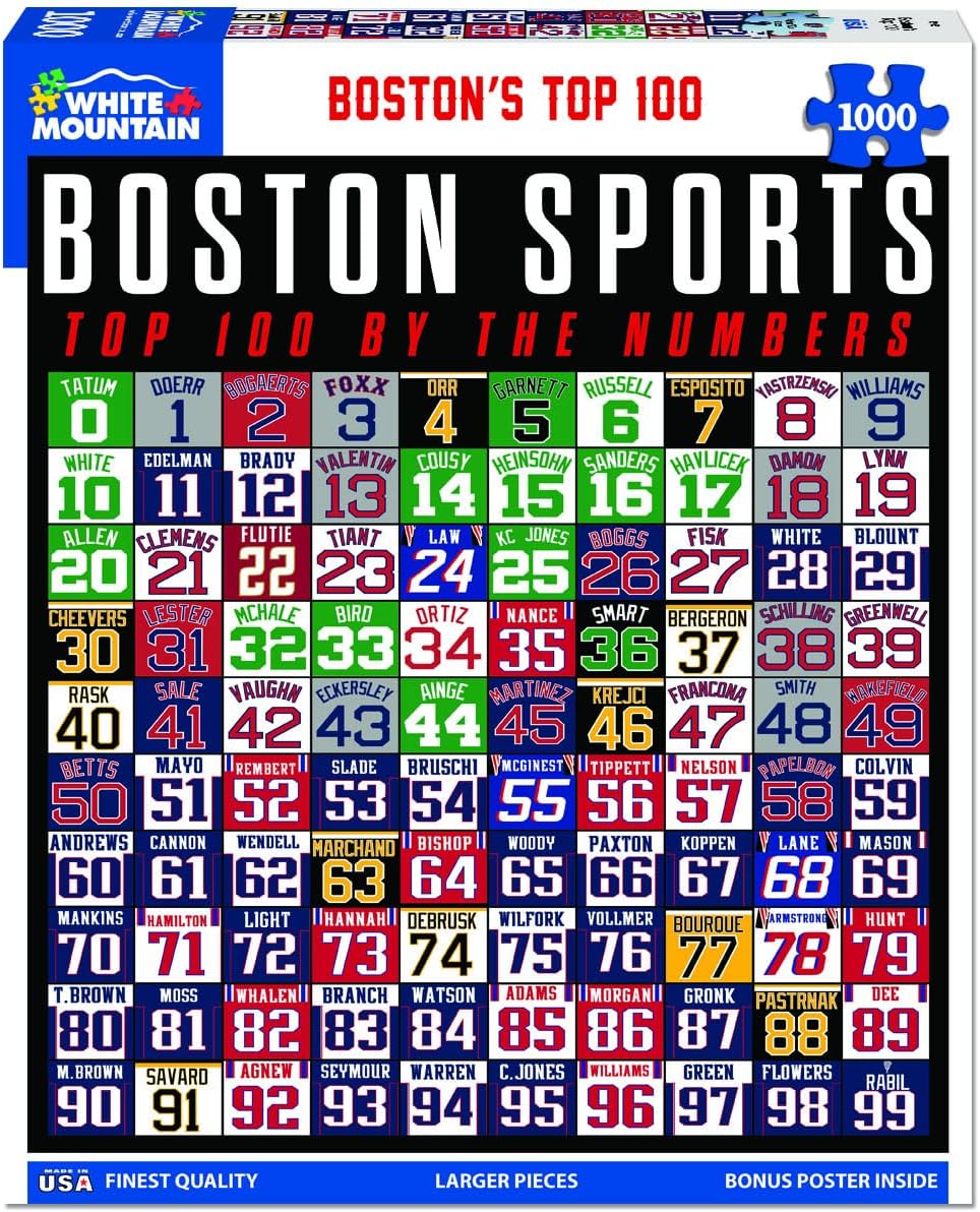 1000 Piece Jigsaw Puzzle Cool Vintage Sports Collage Puzzles with Large Pieces Gift for Adults and Family 24"x30" - Boston's Top 100 States