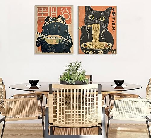 Miniatura 5 de Lienzo de pared de gato japonés vintage, arte de pared, diseño de gato negro peculiar que come ramen, póster retro divertido de rana comiendo