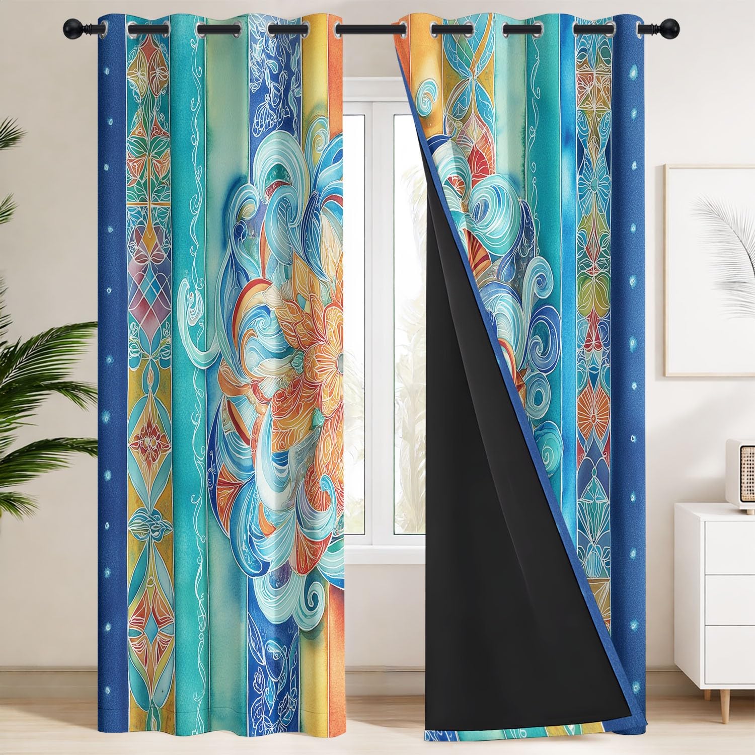 Rideaux Occultants Luxueux, Classique, Aquarelle 140 x 250 CM | Anti Froid et Chaleur - Lot de 2 Rideaux Style Mandala Exquis, Floral, Géométrique pour Le Salon et la Chambre à Coucher