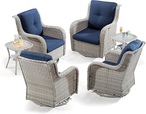 Miniatura 11 de Joyside Juego de 2 sillas giratorias para patio al aire libre y mesa auxiliar a juego, juego de 3 piezas de mimbre para patio con cojines de tela