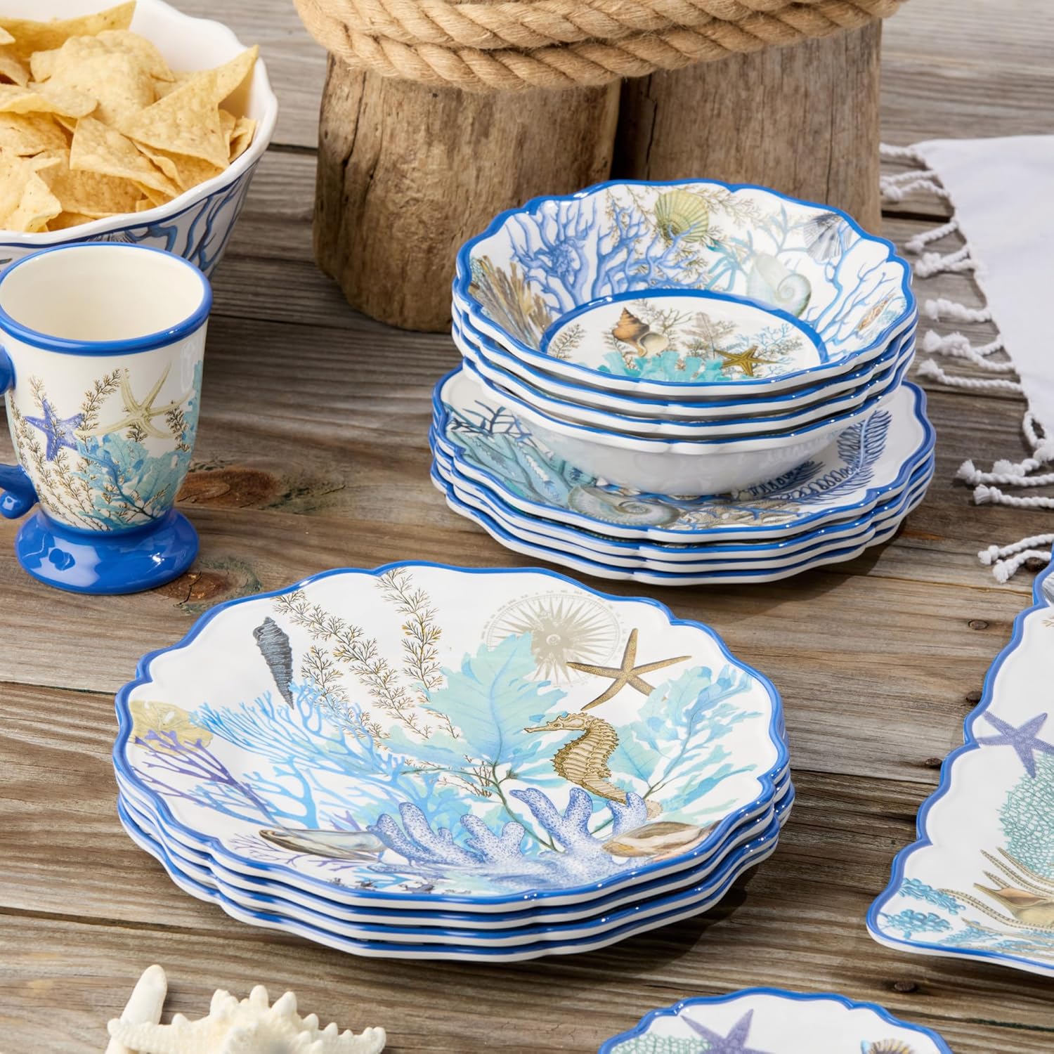 Blue Lagoon Melamine 12-Piece Dinnerware Set – Coastal Coral and Shell Design, Service for 4 – 11" Dinner Plates, 9" Salad Plates, and 28oz Bowls – Durable, Lightweight, BPA-Free, Dishwasher SafE