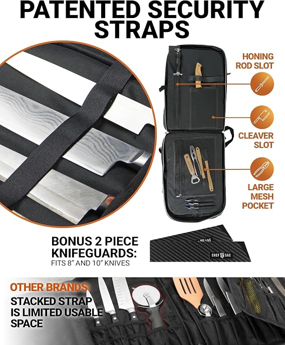 Chef Knife Bag Vintage Backpack VINTAGE, Professional Knife Carrying Case for Chefs & Culinary Students, 30+ Pockets, Holds 10 Knives, Water-Resistant 600D Material (Black)
