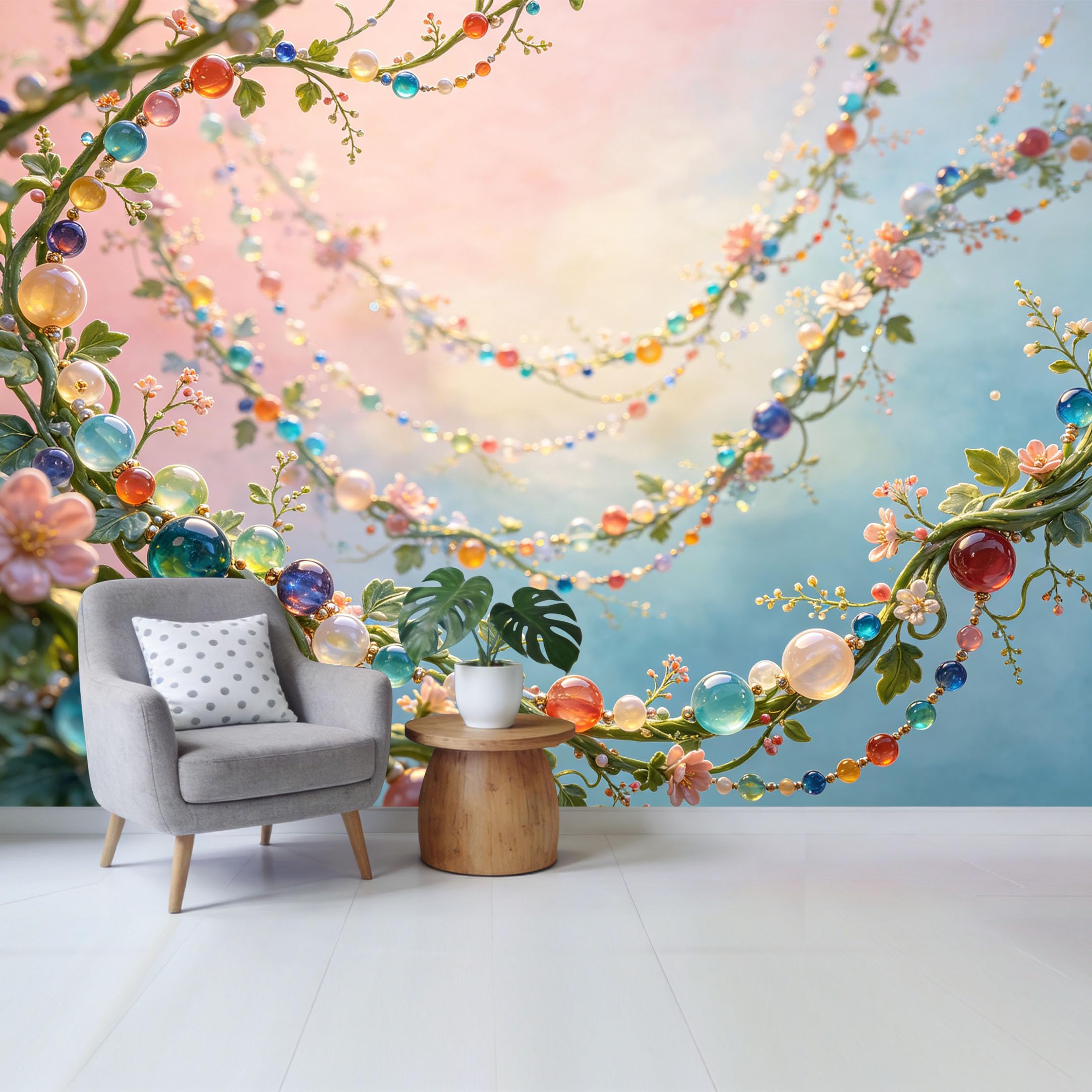 Qzlithotic Yq2605250339 Custom Size Wall Mural Colorful Glass Beads Floral Vine Botanical 3D Trompe L'oeil Abstract Selfadhesive Wall Fabric Removable Wallpaper For Home Office Decor