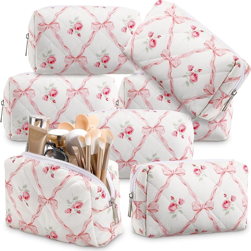 Paterr Conjunto com 6 necessaires de maquiagem em algodão matelassado Bowknot Rose, rosa