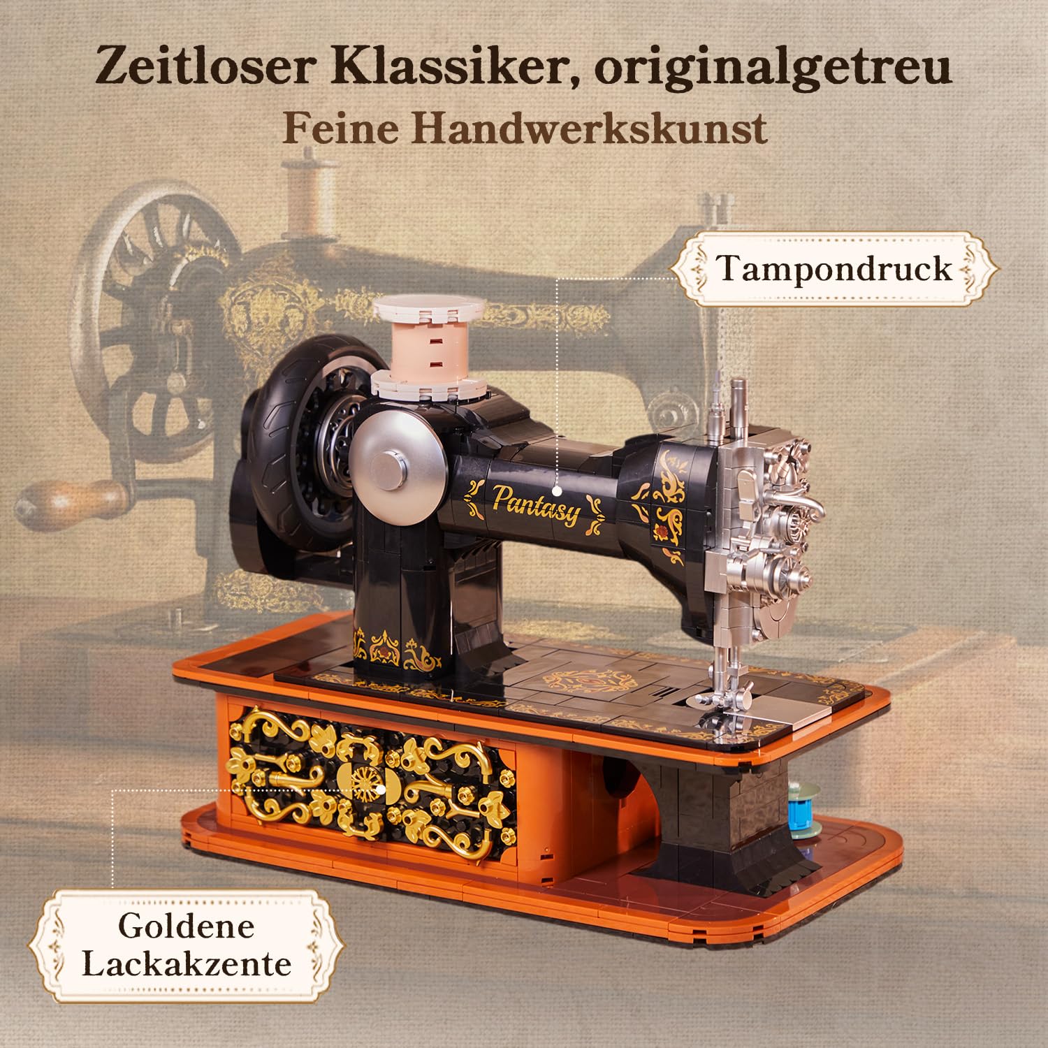 PANTASY Retro Nähmaschine Klemmbausteine Set | Vintage-Modell mit Handkurbel, funktionierendem Zahnradmechanismus und versteckter Mini-Schneiderei zum Ausstellen