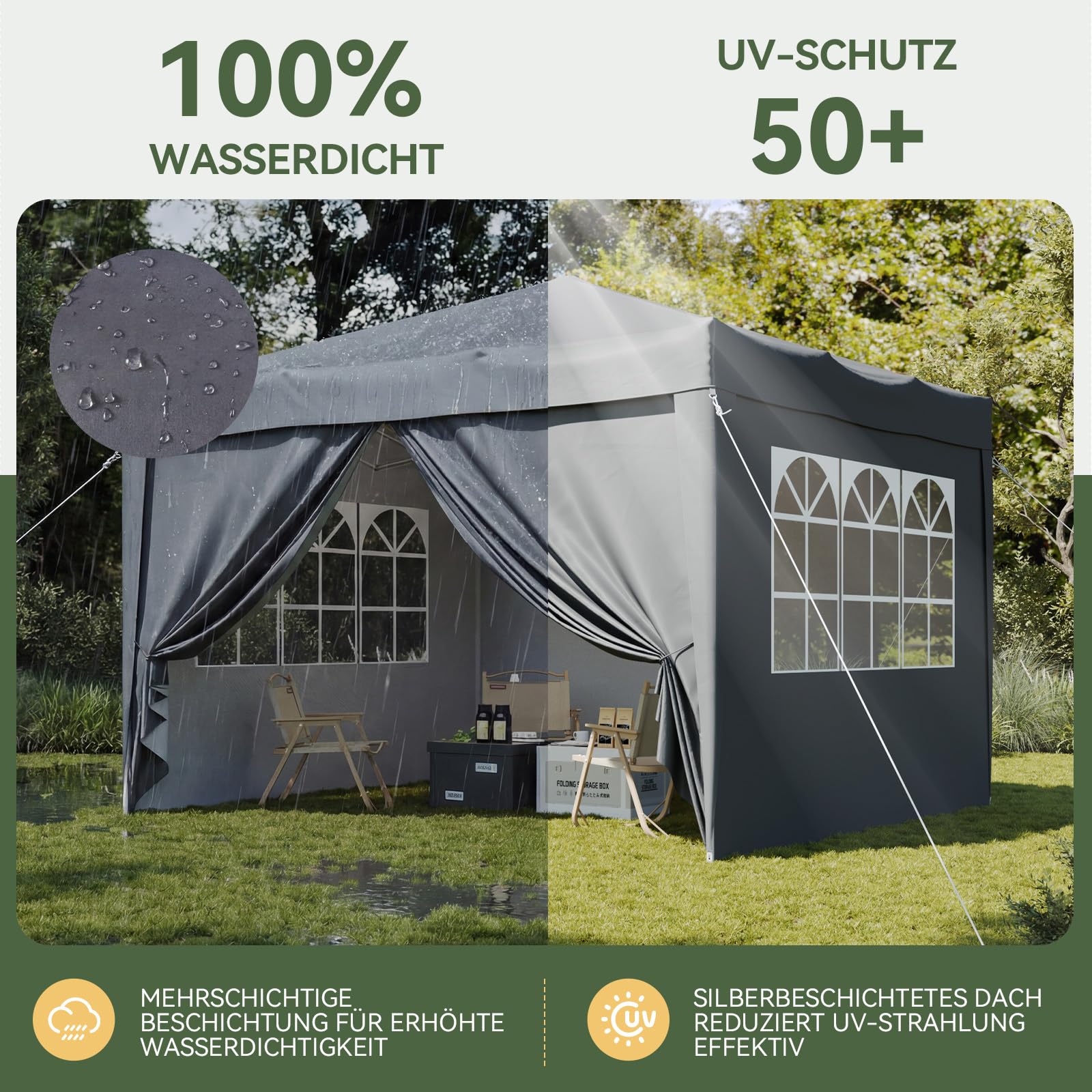 Aoxun Pop Up Pavillon 3x3 Wasserdicht mit 4 Seitenwänden, Metallrahmen-Schutzzelt, Höhe Verstellbar, 3mx3m Faltpavillon mit Tragetasche für Camping Party, Grau