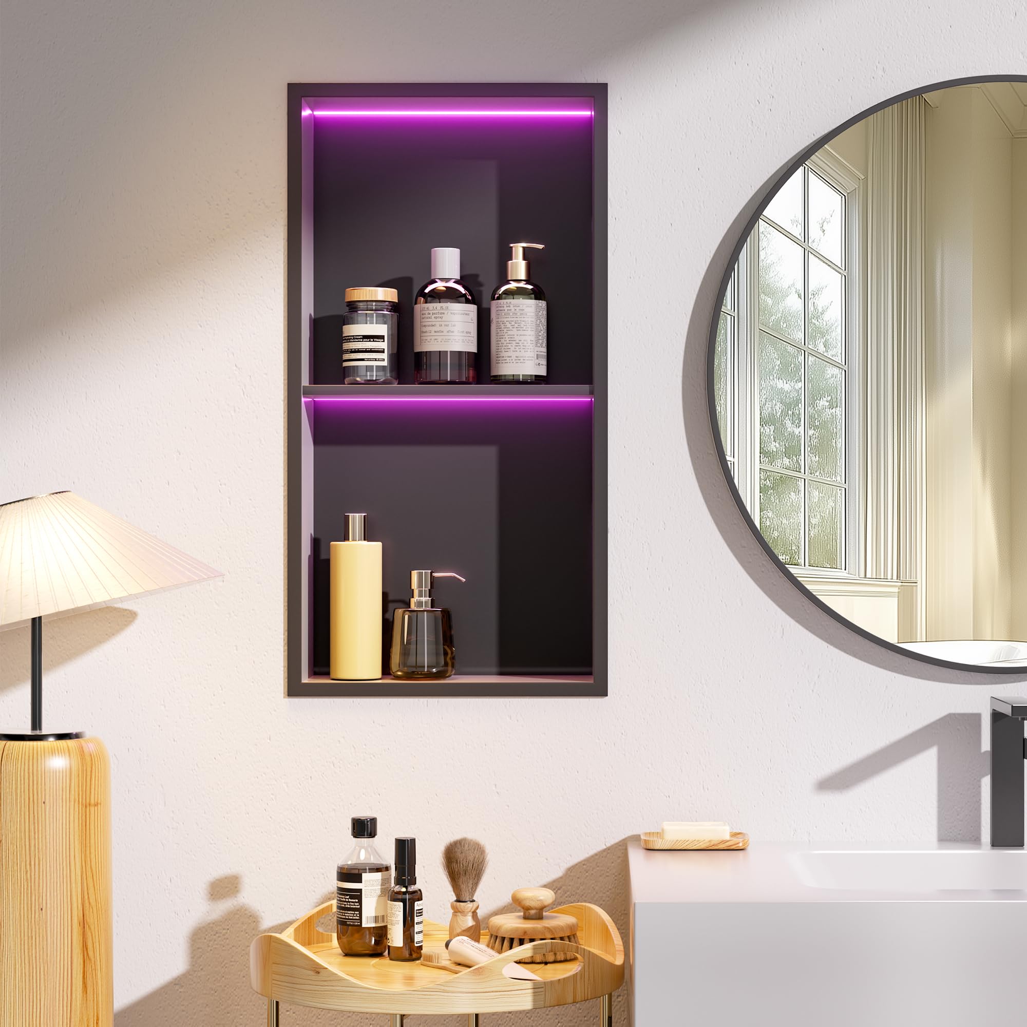 Hasipu2 Tier Design Matte Black 12 * 24 Shower Niche, Bathroom Niche for Shower Wall with RGB LED Light, Modern No Tile Needed Niche Bathroom Wall Shelf for Bath Products