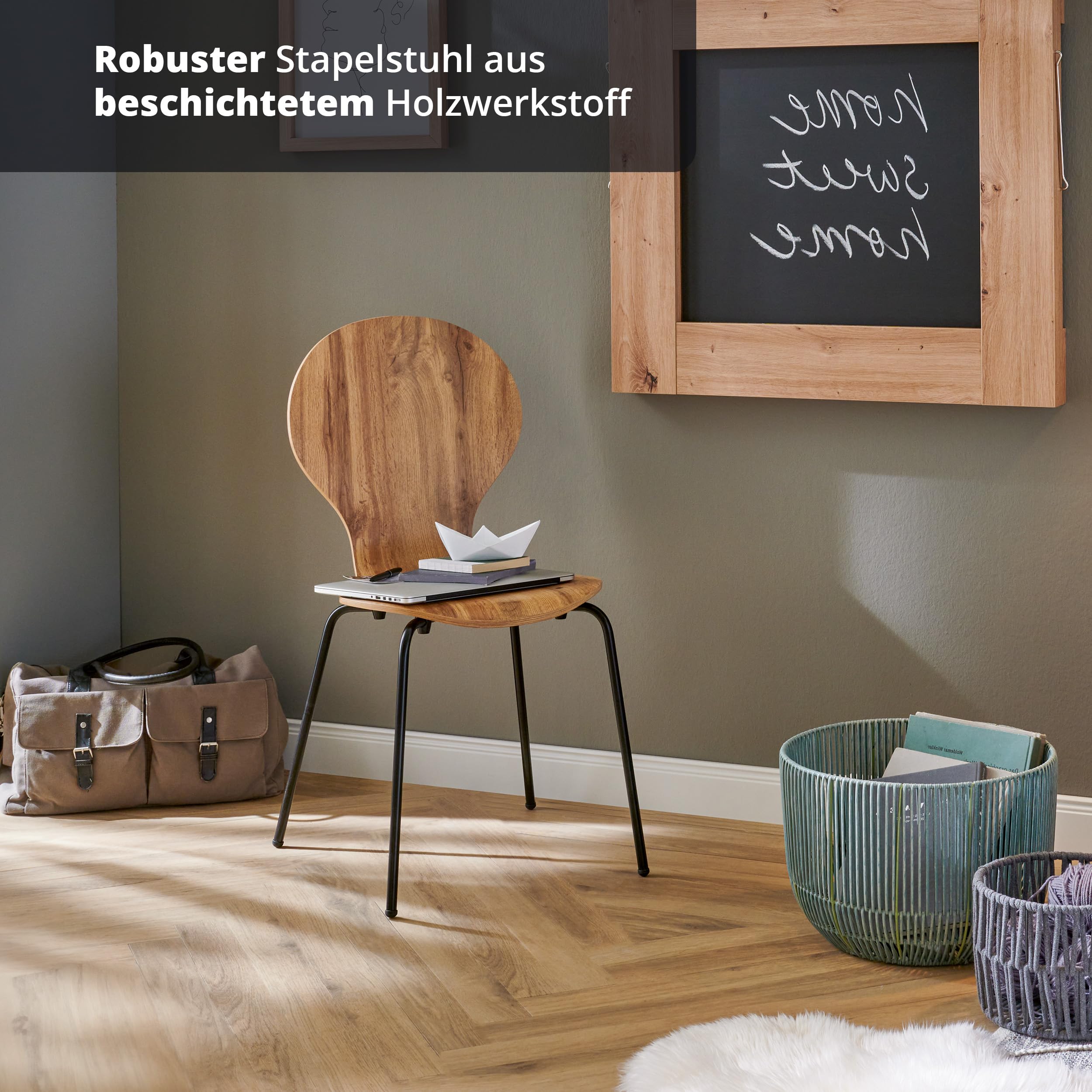 KHG 6er Set Stapelstühle Esszimmerstuhl Stuhl aus Schichtholz mit Eiche-Dekor - Sitzhöhe 45 cm, Stuhlbeine aus Metall - stapelbar für Esszimmer Gastronomie Büro