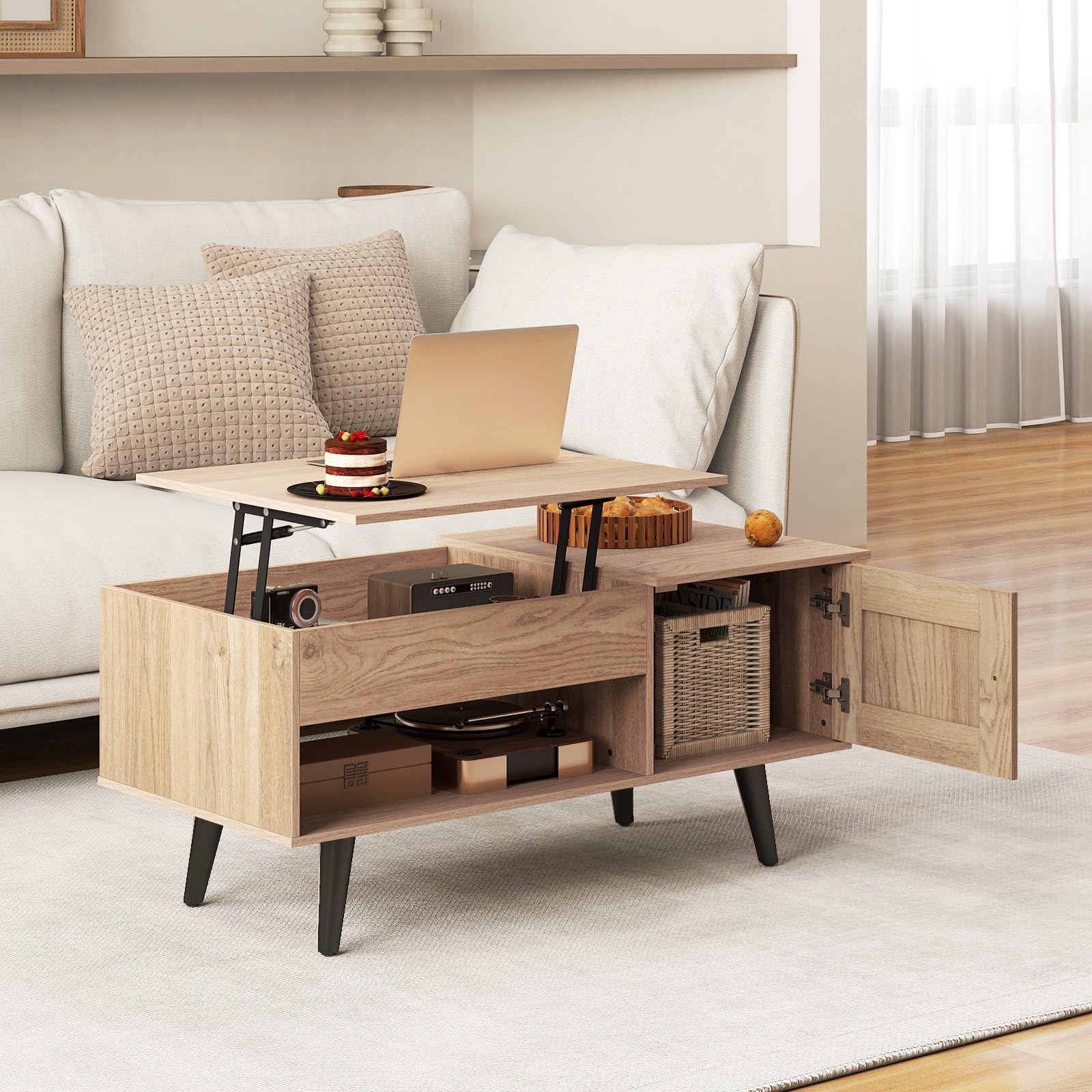 COSTWAY Mesa de Centro Elevable, Mesa de Café con Tablero Elevable, Gabinete, Compartimento Oculto y Estante Abierto, Mesita de Salón para Estudio y Oficina, 100 x 50 x 46-60 cm (Natural)