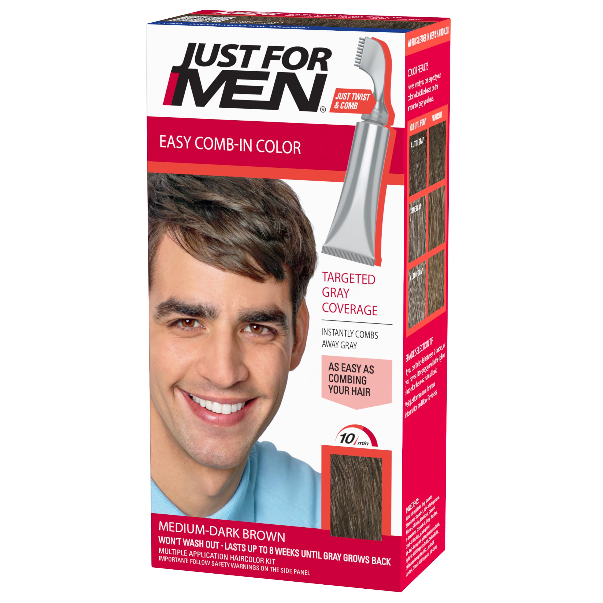 Just for Men Easy Comb-In Color, No-Mix, Medium-Dark Brown A-40 (1 Pack) | Easy Comb-In Color medium-dark brown no-mix formula instantly combs away gray. Targeted gray coverage. Easy application.