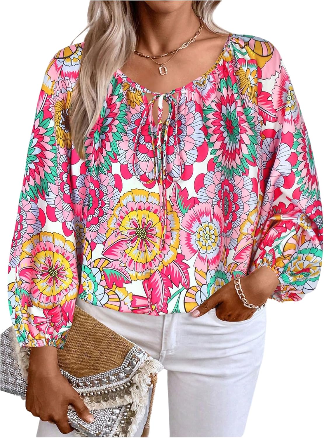 Verdusa Women's Plus Size Floral Bow Tie Neck Blouse Boho Bishop Sleeve Vacation Tunic Tops