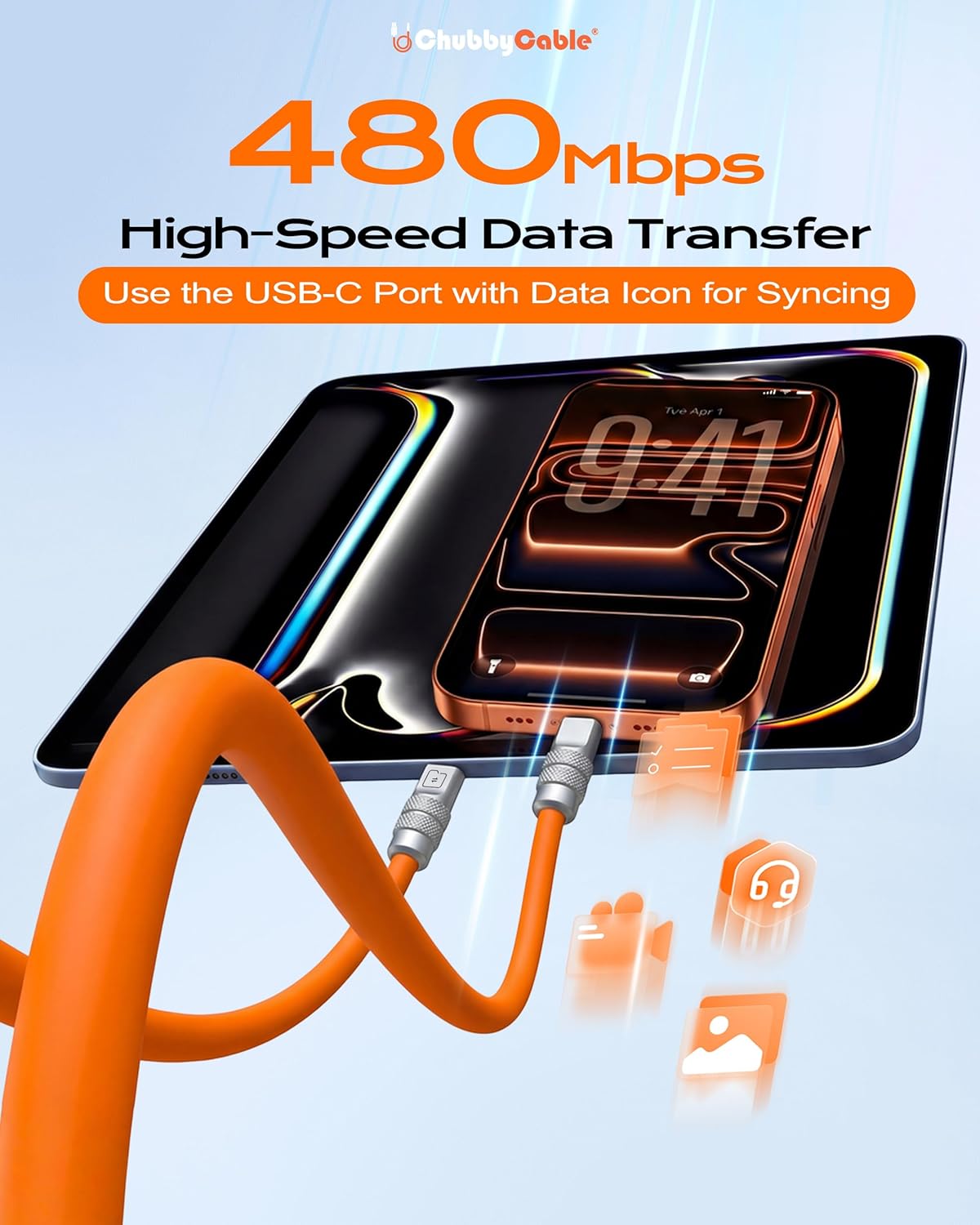 chubbycable Tri-Flex 3 in 1 USB C Cable for Apple Watch Charger Silicone 100W Multi Charging Cable Fast Charge Compatible with iPhone 17-15 Series iWatch iPad MacBook, 4.1FT, Orange