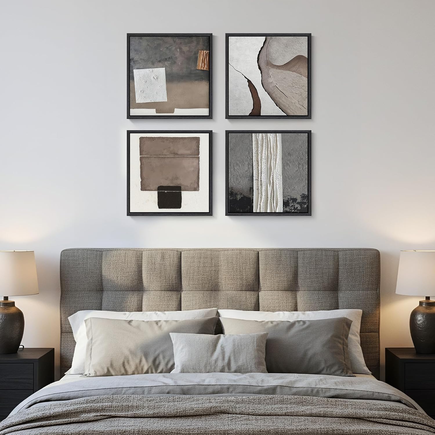 Framed Modern Abstract Wall Art for Living Room, 4 Piece Neutral Contemporary Brown Canvas Prints Artwork for Walls, Minimalist Geometric Square Wall Art for Bedroom Office Hallway, 12x12 Inch
