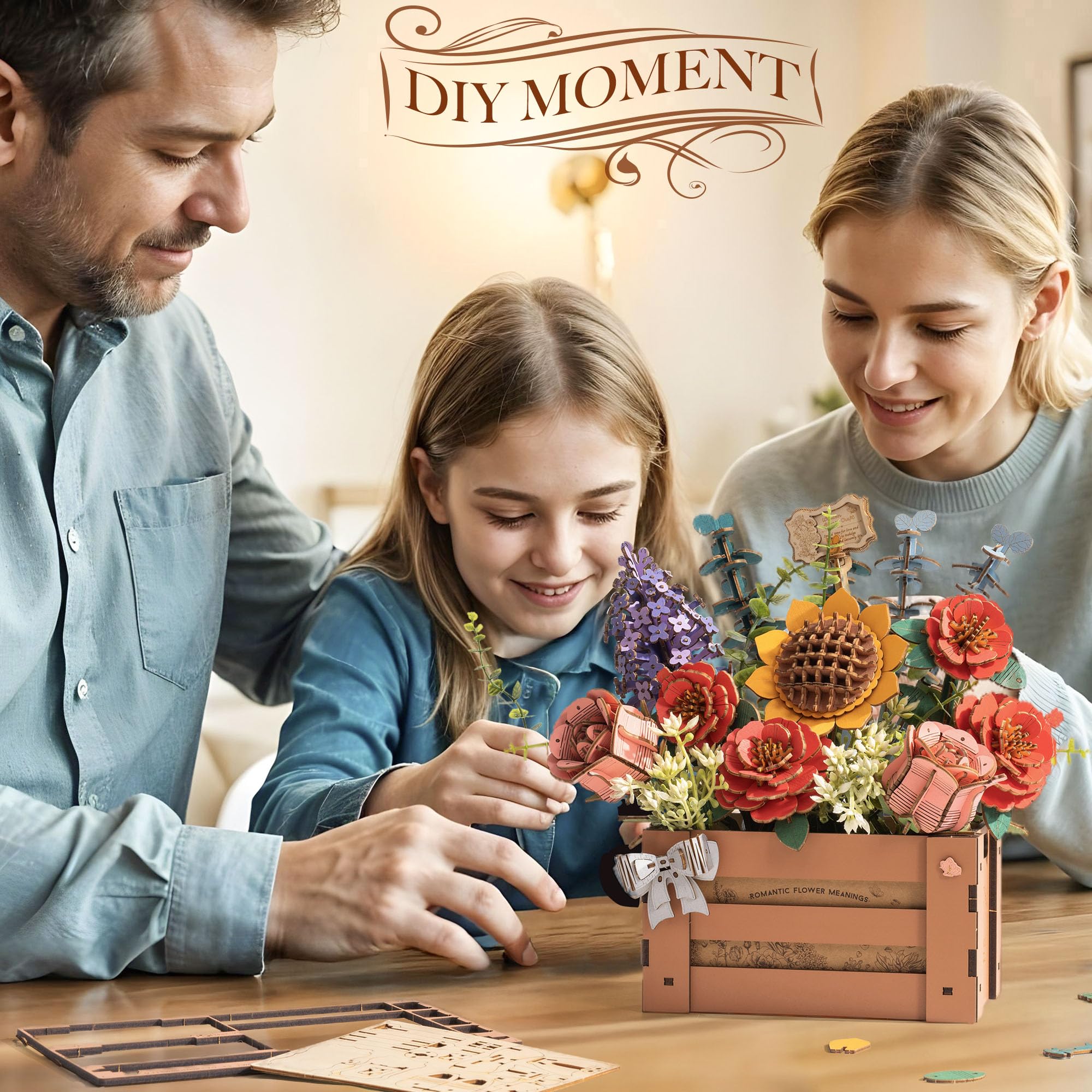 ROBOTIME Puzzle 3D Fleur Rouge TW042, Kit de Bricolage en Bois pour Fleurs Artificielles, Ensemble de Modèles de Fleurs à Assembler pour Adultes, Décoration de la Maison et Cadeau de Saint-Valentin