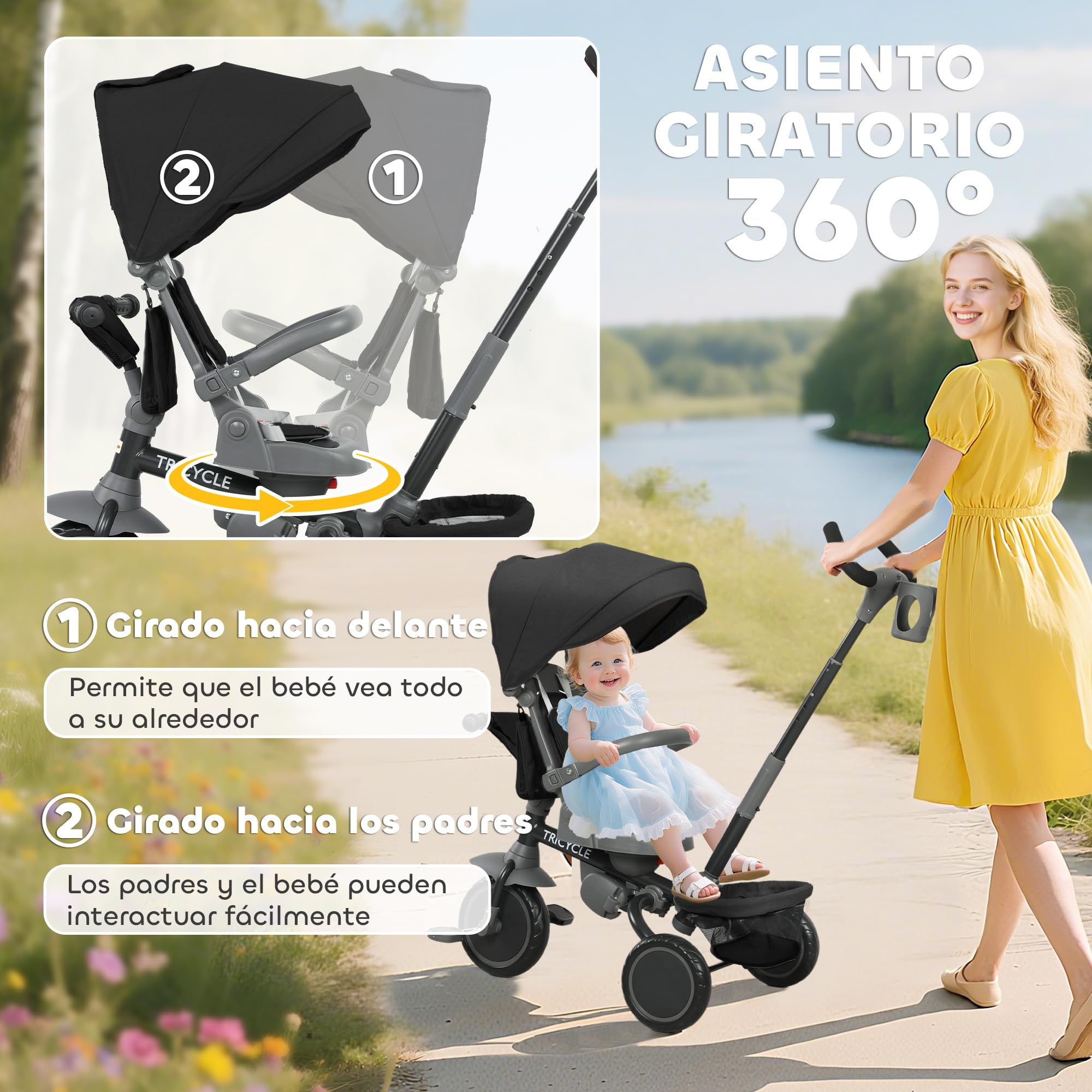 AIYAPLAY 6 in 1 Triciclo Passeggino Bici per Bambini 1-5 Anni Fino 25Kg, Triciclo Pieghevole con Sedile Girevole Fronte Mamma o Strada, Cappottina, Maniglione, Borsa, Ruote e Cintura a 5 Punti, Nero
