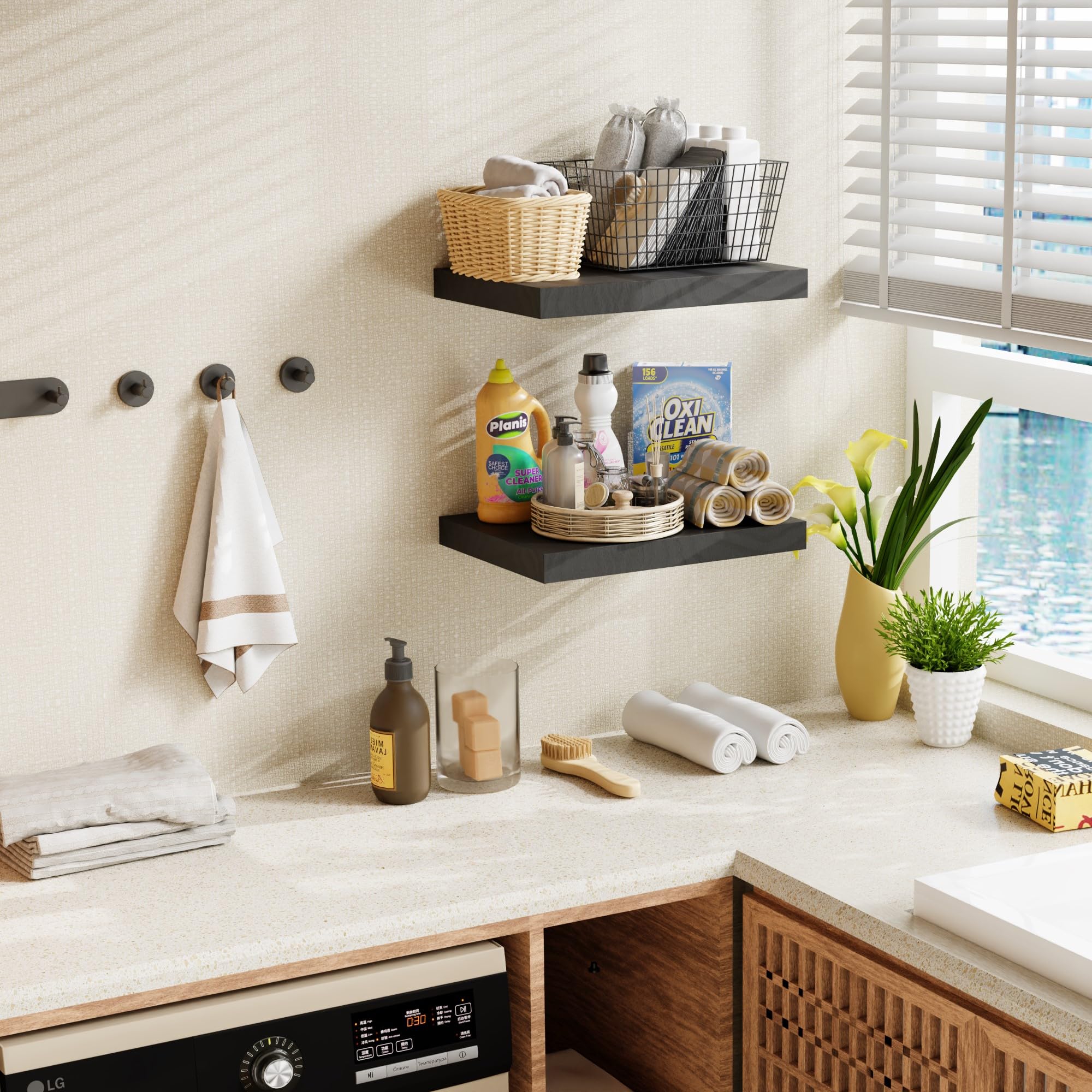 Sumbame Black 12 Inch Deep Floating Shelves for Wall Set of 2, Rustic Wood Shelving Live Edge Shelves Display for Wall Storage,Bathroom Wall Shelf Decor for Living Room,Bathroom,Kitchen, Office