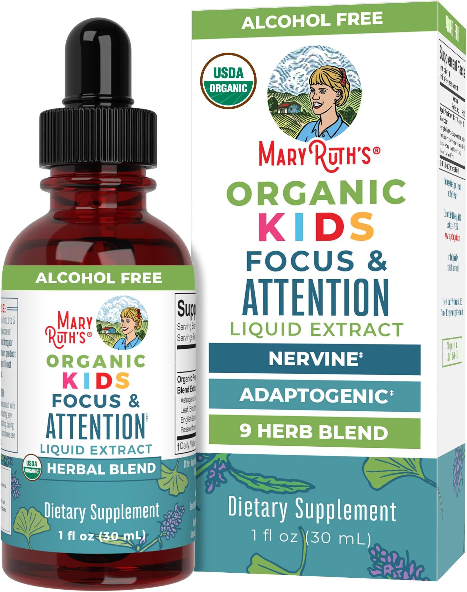 Kids Focus Support Supplement by MaryRuth's, Natural Brain Support Vitamin, Adrenal Complex with Astragalus Root, Gingko Leaf & Wood Betony Herb, 1 Month Supply, 1 Fl Oz