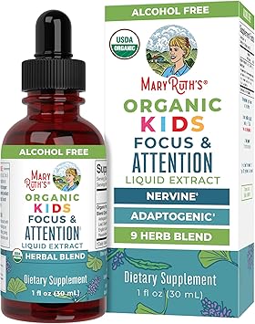 MARYRUTHS Kids Focus & Attention Drops | USDA Organic Drops | Ginkgo Biloba | Rhodiola Root & Licorice Root | Adaptogenic | Calm | Vegan | Non-GMO | Gluten Free | 30 Servings