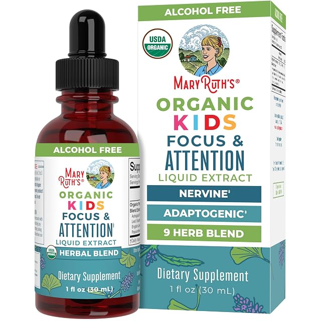 MaryRuth Organics Kids Focus Attention Drops USDA Organic Drops Ginkgo Biloba Rhodiola Root Licorice Root Adaptogenic Calm Vegan