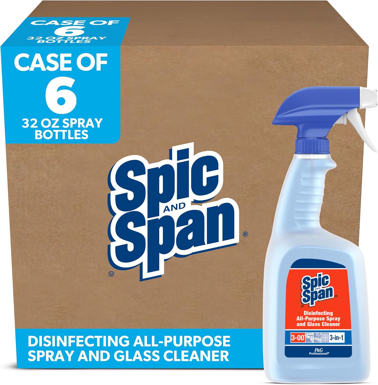 Spic and Span Professional 3-in-1 Disinfecting Multi Surface Cleaner Spray, Trigger On, 32 fl oz (Case of 6)