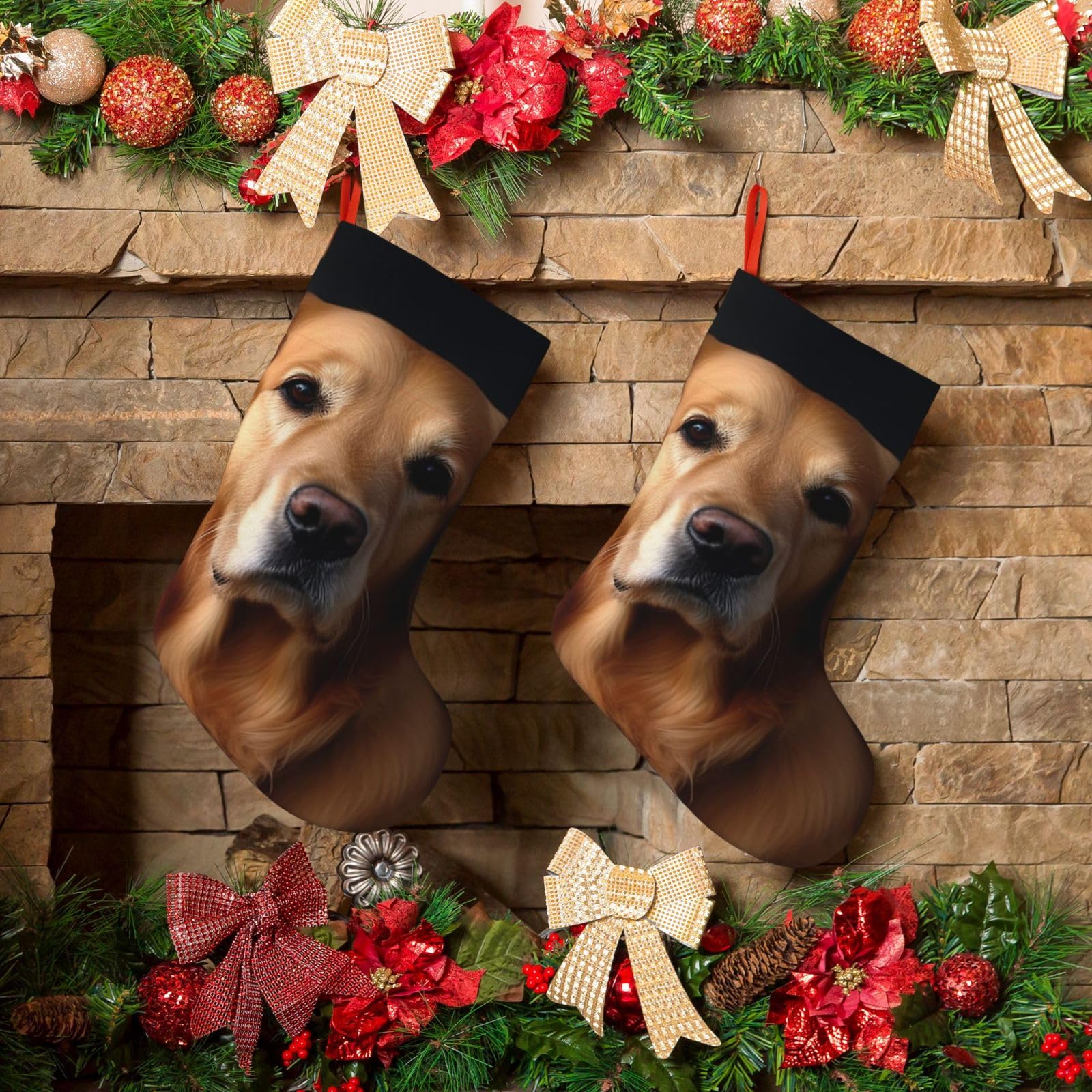 KLOPH Christmas Stockings 18" Personalized Xmas Stocking Golden Retriever Decoration Stocking Hanging Fireplace Stocking for Holiday Xmas Tree Christmas Fireplace Decor