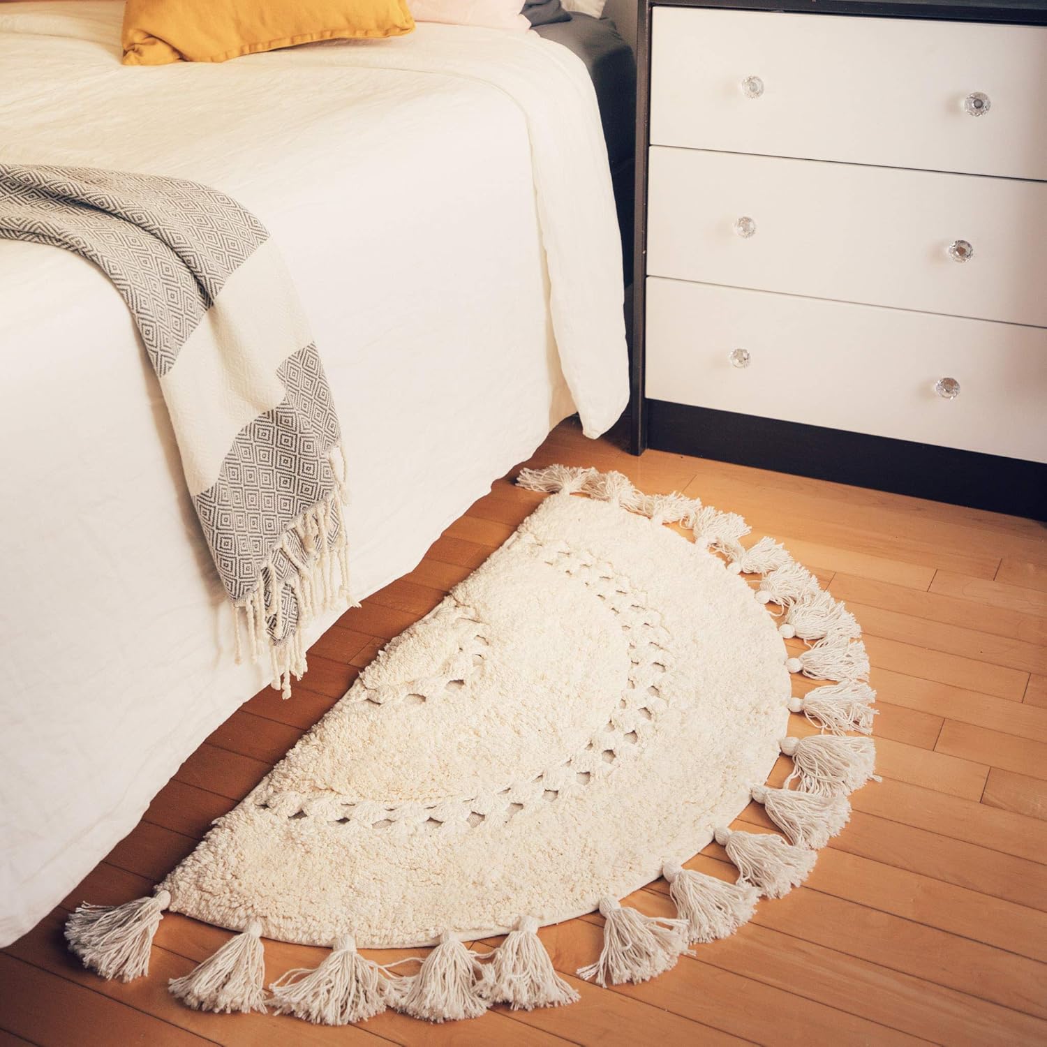 Half Circle Bohemian Bathroom Rug with Tassels & Crochet