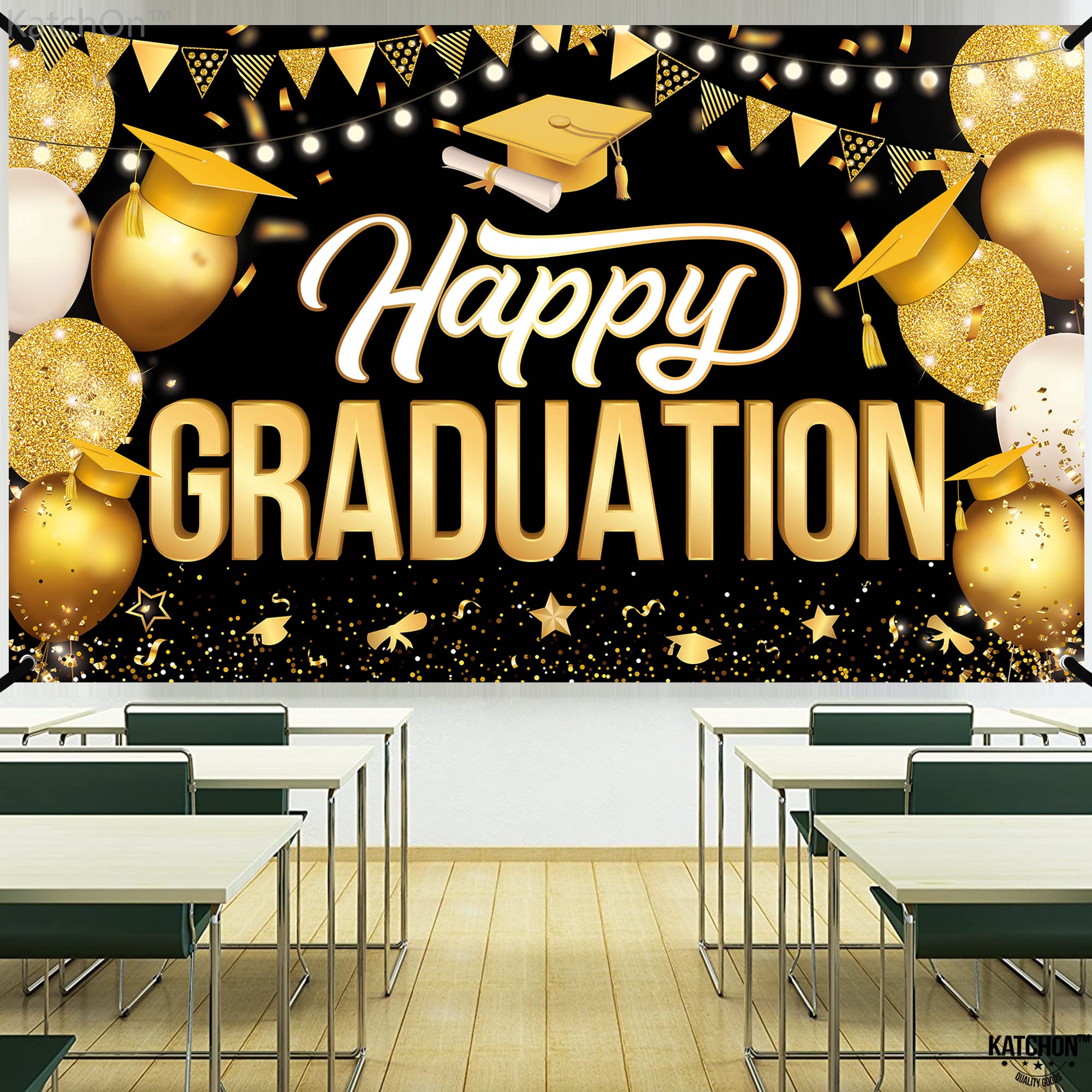 AIBIIN 7x5ft Graduation Backdrop Banner - Black & Gold Congrats Grad Decor 2023