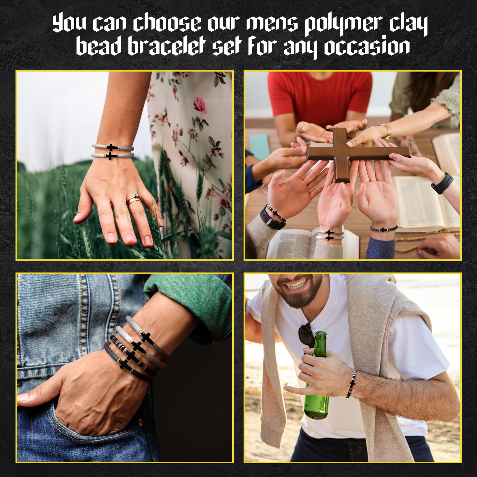 Pulsera Heishi Surfer con cuentas cruzadas para hombre, 24 unidades, de arcilla polimérica, apilable, regalos religiosos cristianos, Arcilla polimérica Turquesa, No es una piedra preciosa 6