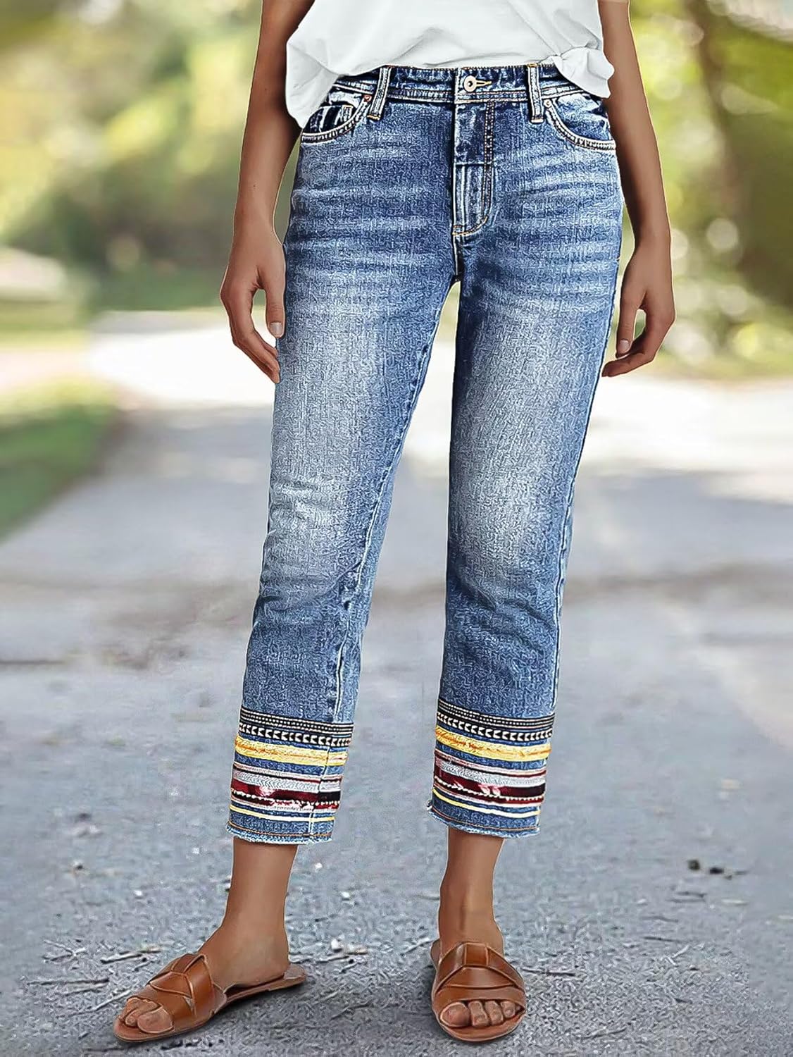 Flamingals Straight Leg Cropped Jeans for Women Trendy Mid Rise Stretchy Tribal Embroidery Raw Hem Ankle Jeans - Image 2