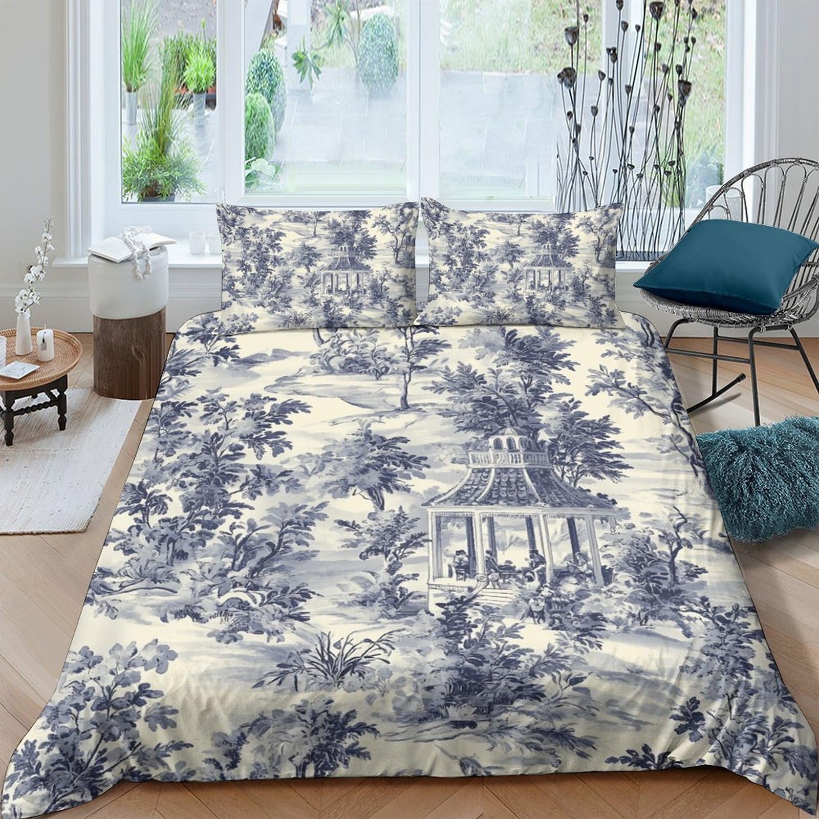 GPLZQXKJNH 3D Printed Vintage Toile Duvet Cover Microfiber Soft Blue Tree Landscape Bedding Set with 2 Pillowcases for Bedroom Decor Single（135x200cm）