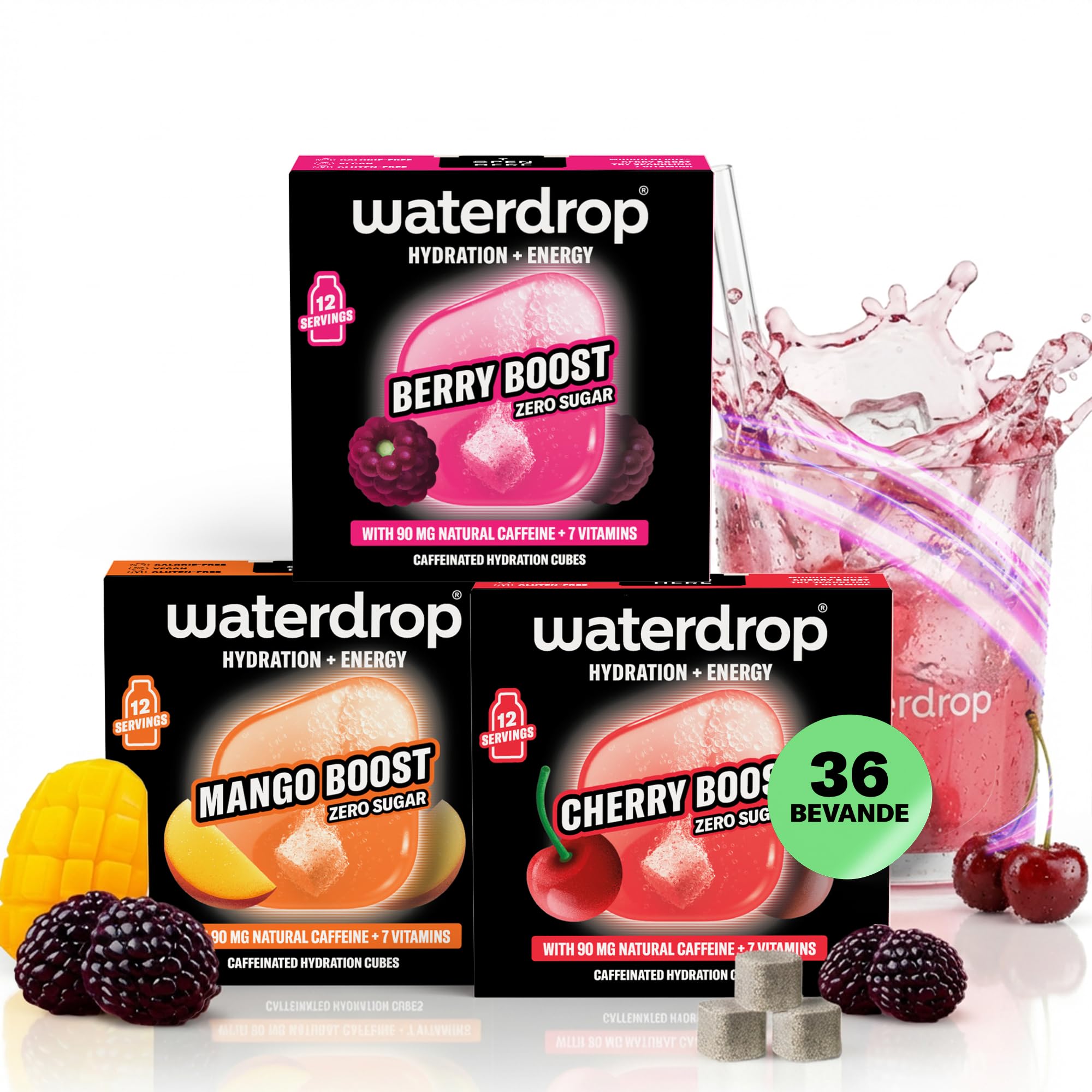 waterdrop® Energy Drink, 90mg Caffeina Naturale con Vitamina B, 36 cubetti per acqua - Zero Zuccheri e poche Calorie - Bevanda energetica al gusto di frutti di bosco, mango e ciliegia - preworkout