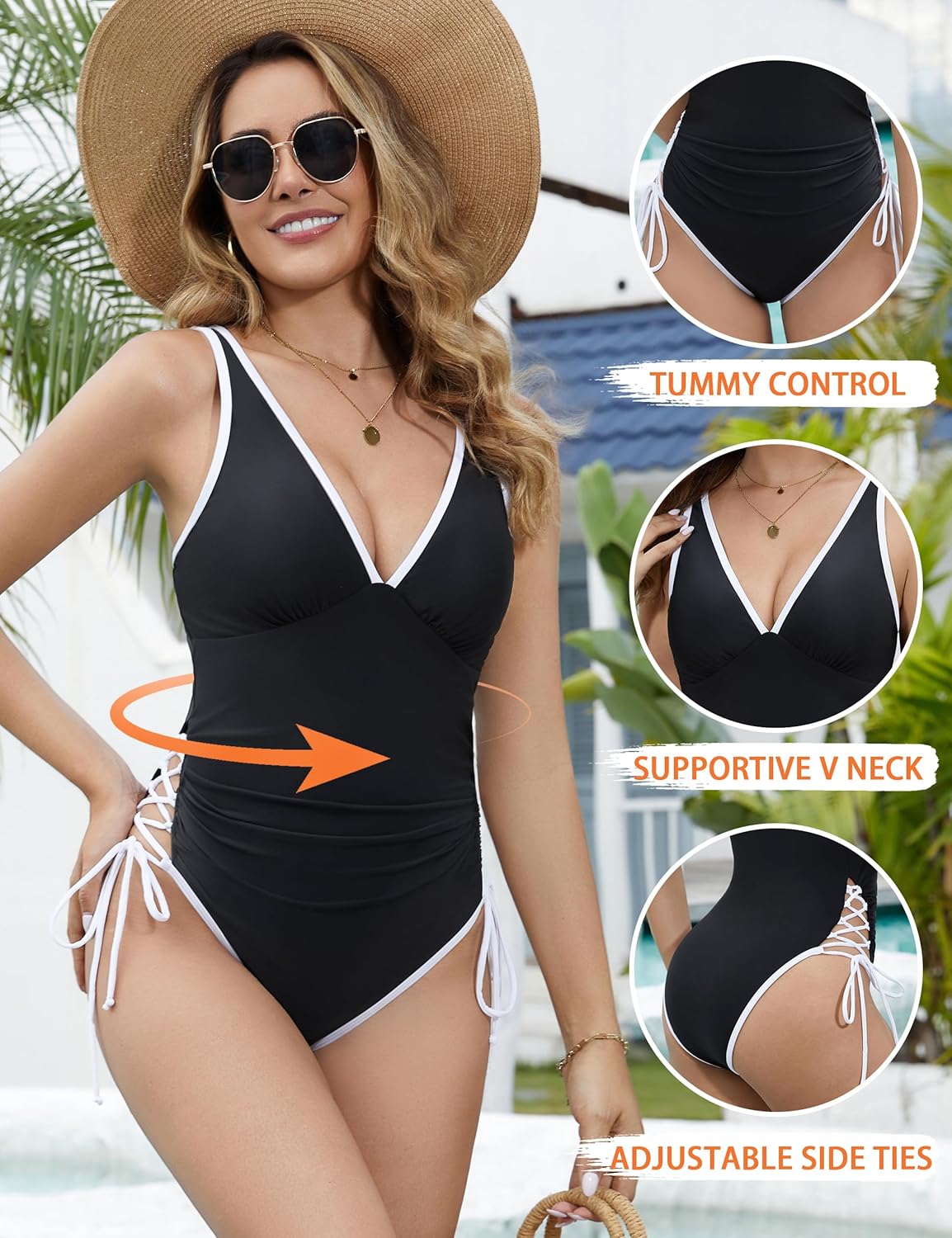 Fayenne One Piece Swimsuit Women Color Block Tummy Control Crisscross Side Adjustable Strap Bathing Suits Swimwear - Image 4