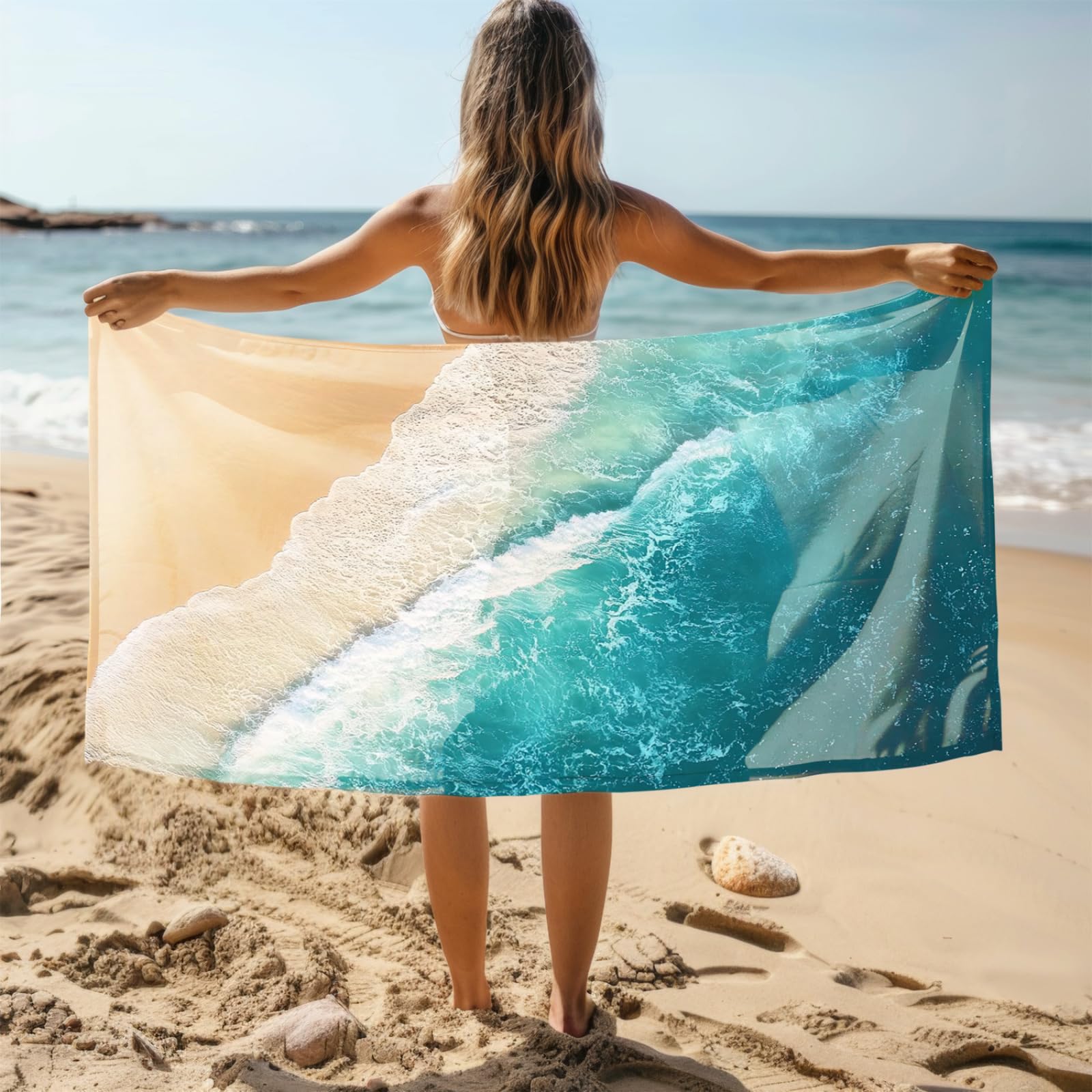 Genérico Toalla Playa 180X100 Mar Verde Ondas Blancas Grande Toallas de Piscina Grandes Anti Arena Secado Rápido Gimnasio Hombre Mujer Lavable A Máquina Regalo