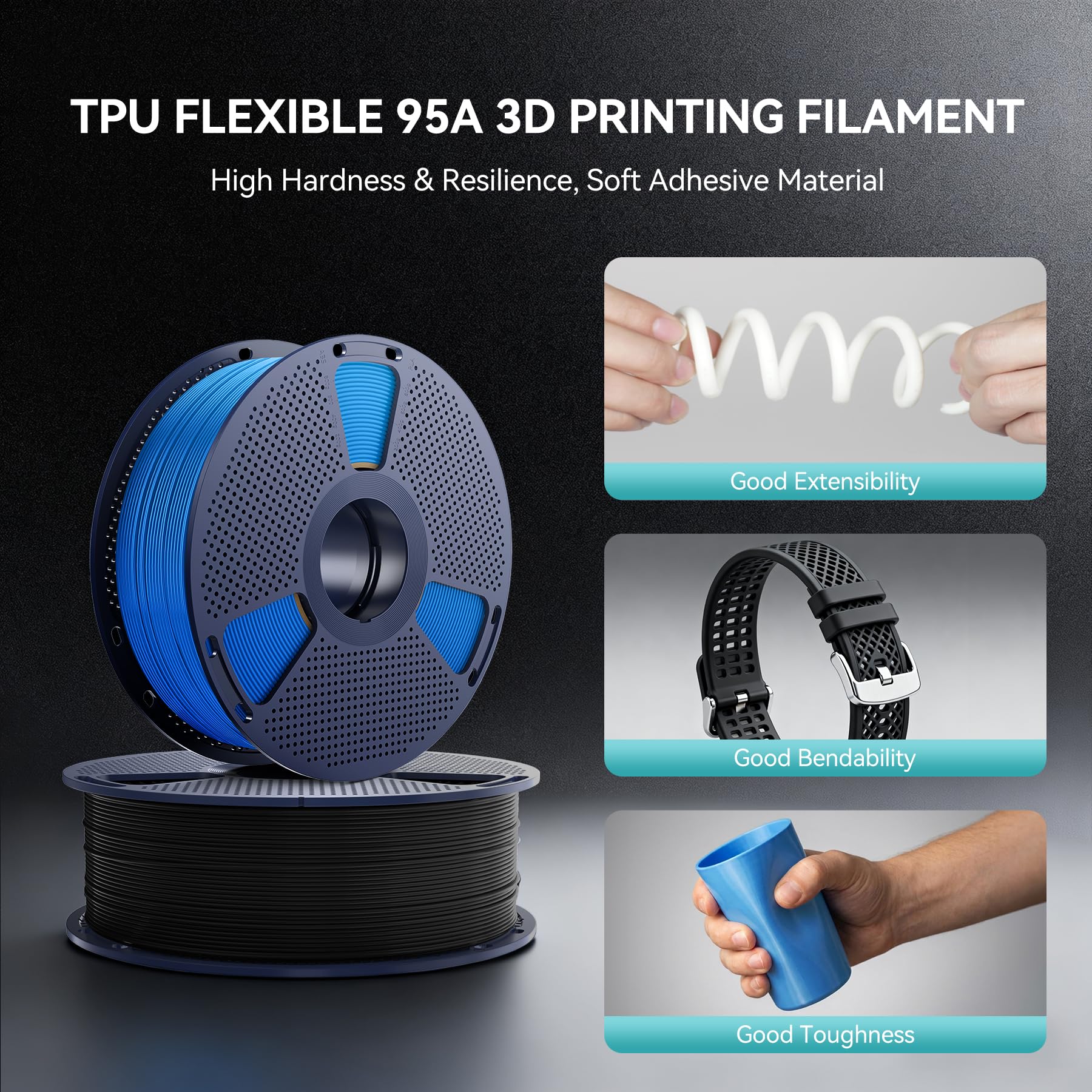 SUNLU 2KG TPU 3D Druku Filament 1,75 mm, przemysłowy klasy 95A TPU,odporny na zużycie, elastyczny, owysokiej sprężystości, łatwy do drukowania, dokładność ±0,03 mm,1kg,2 Szpule,Czarny+Czarny