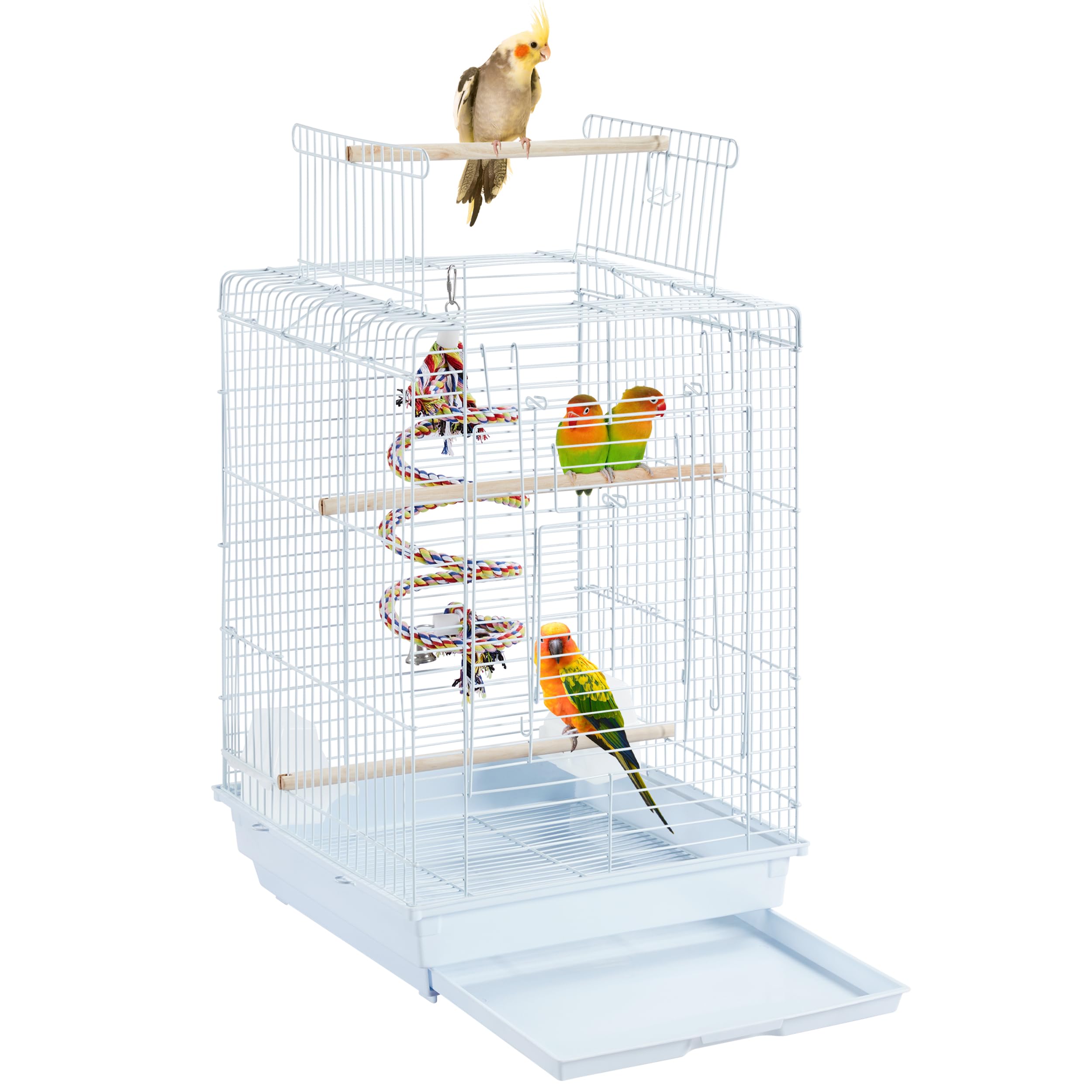 Yaheetech Gabbia Uccelli Metallo Tetto Apribile 40 × 40 × 58 cm Bianco | Gabbia Spaziosa con Tetto Apribile, Posatoi in Legno e Giocattolo Incluso, Adatta per Pappagalli e Inseparabili