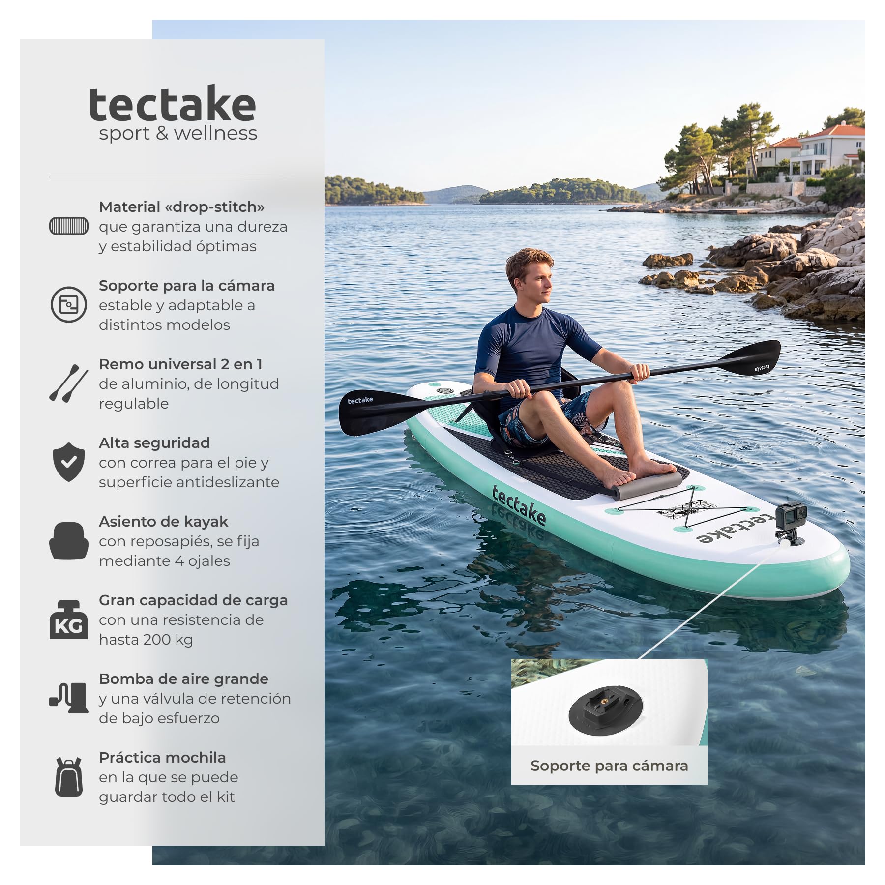 tectake® Tabla Paddle Surf Hinchable, Soporte Cámara, Kayak, 200 kg | Soporte para Cámara, Asiento de Kayak Convertible, Capacidad 200 kg, Superficie Antideslizante, SUP, Blanco y Turquesa