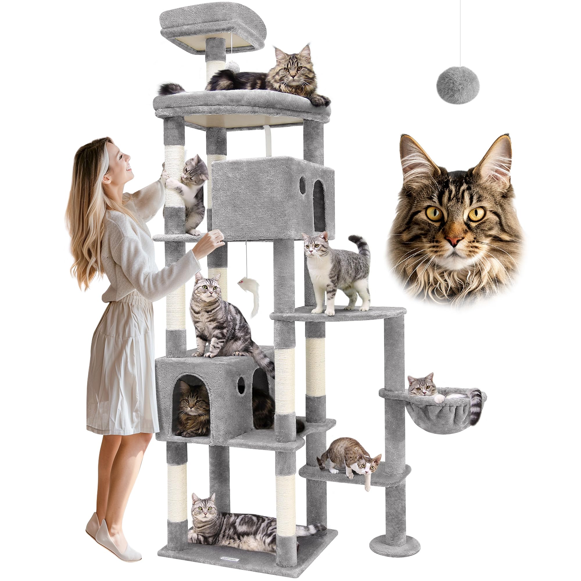 GloblazerF83 Tall Cat Tree, 83 inch Cat Tree for Indoor Cats Large Adult, XXL Cat Tower with 9 Scratching Posts for 20lb+ Heavy Duty Large Adult Cats, Light Grey